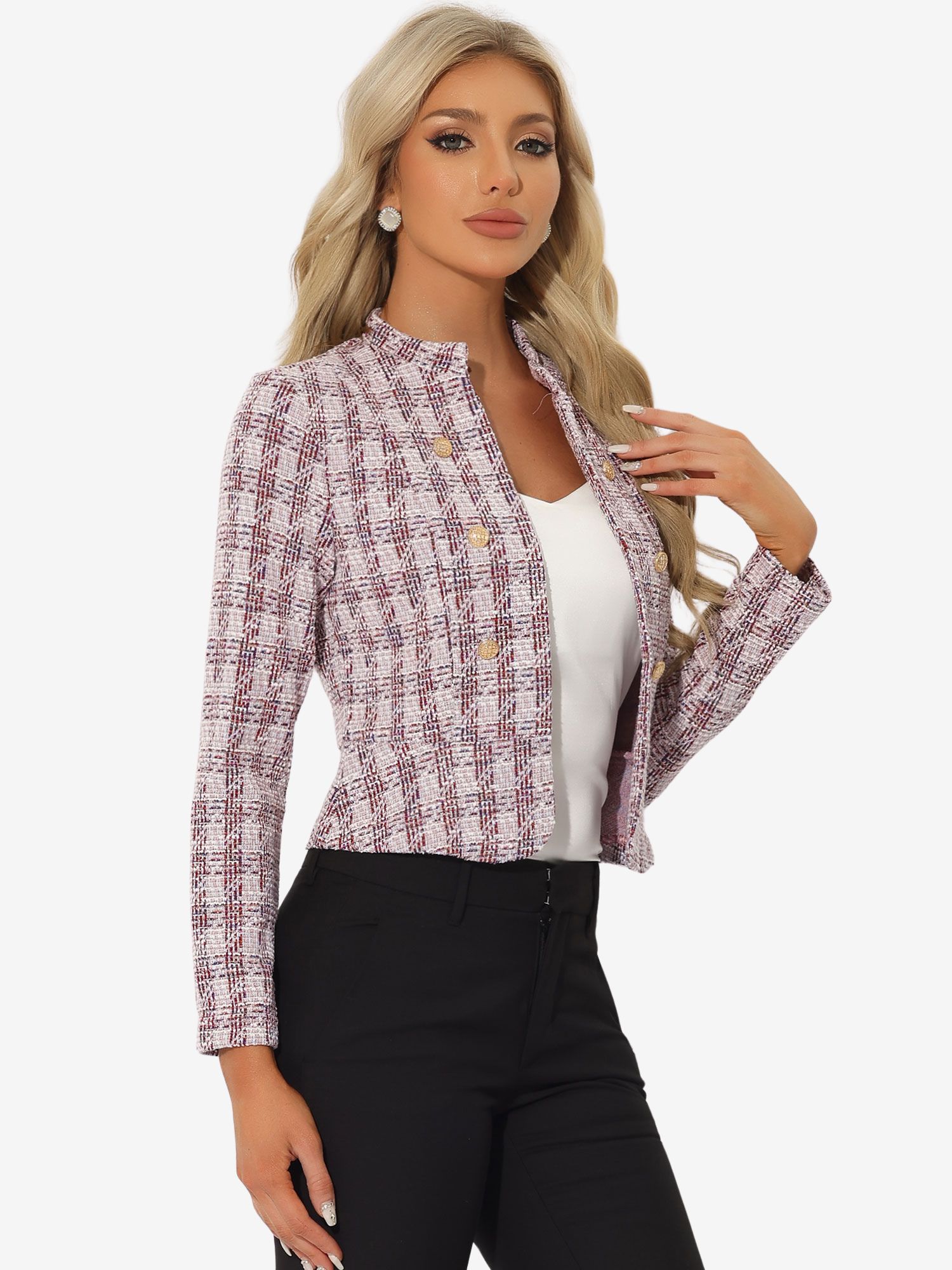 Vintage Tweed Plaid Slim Fit Work Office Cropped Jacket Pink/M