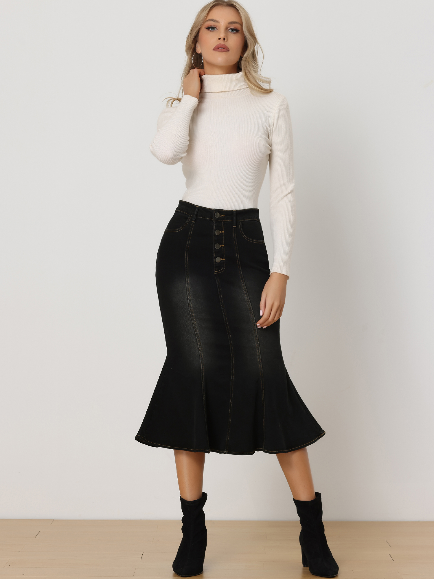 Fishtail Denim Button Pockets Distressed Midi Skirt Black/L