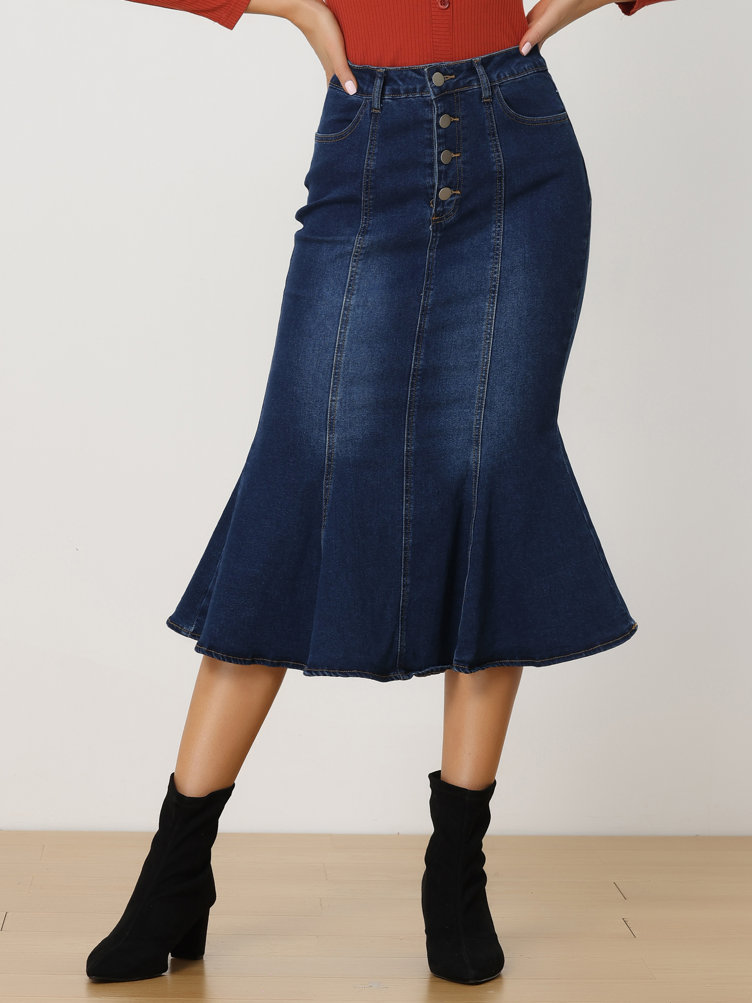 Fishtail Denim Button Pockets Distressed Midi Skirt Dark Blue/XL