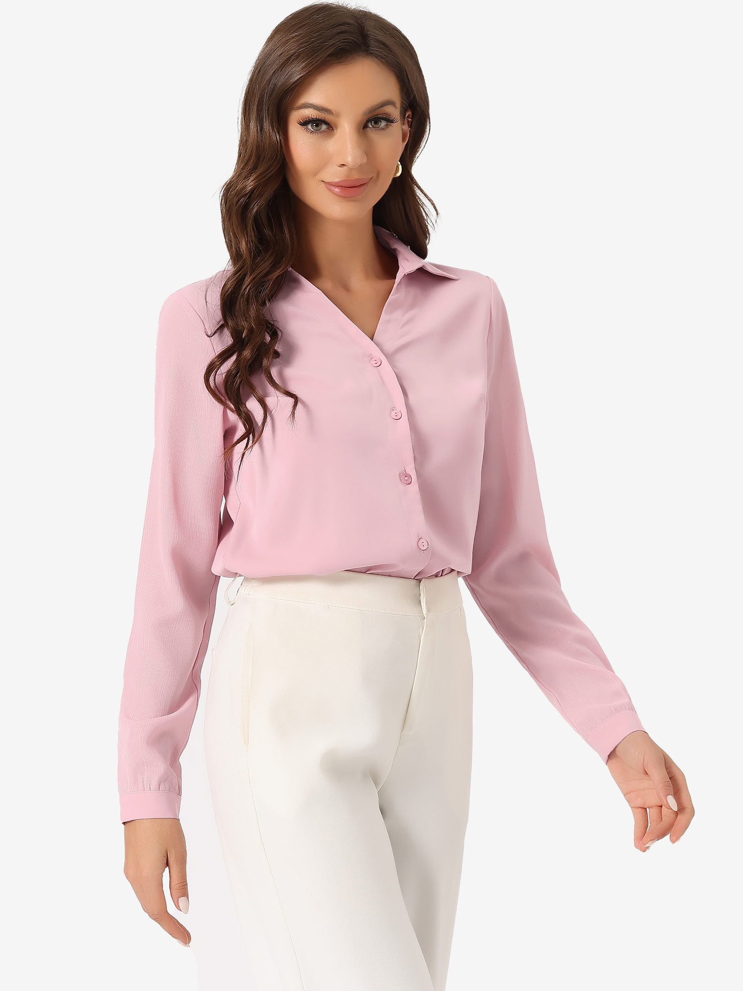 V Neck Point Collar Mesh Sleeve Button Down Work Office Shirt Pink/L