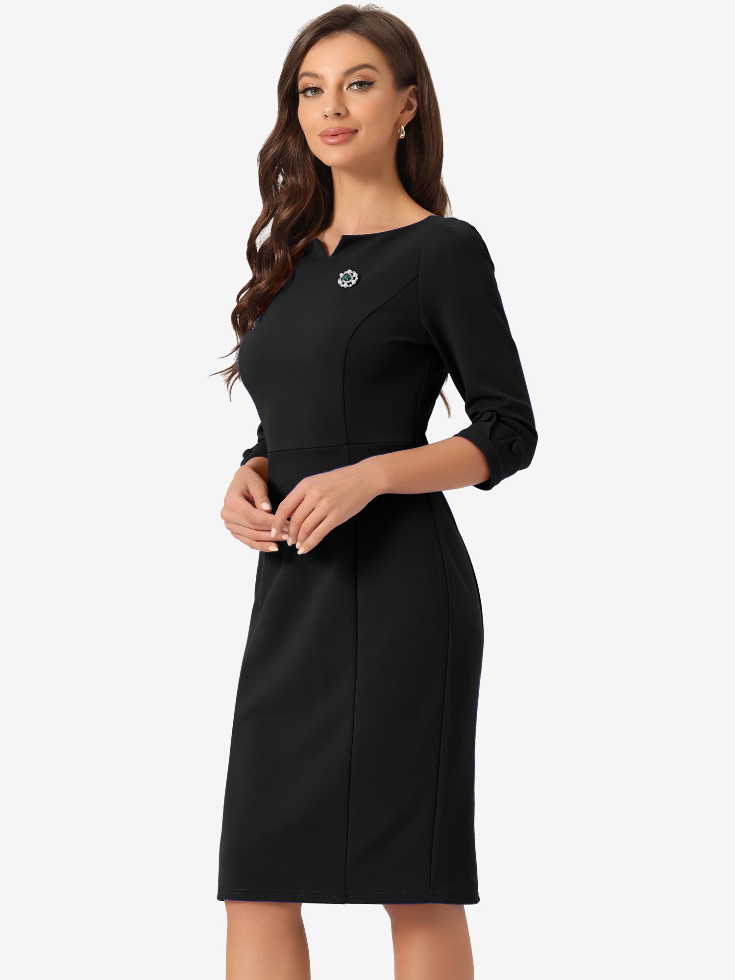 3/4 Sleeve Notch Neck Slim Fit Work Pencil Midi Dress Black/S
