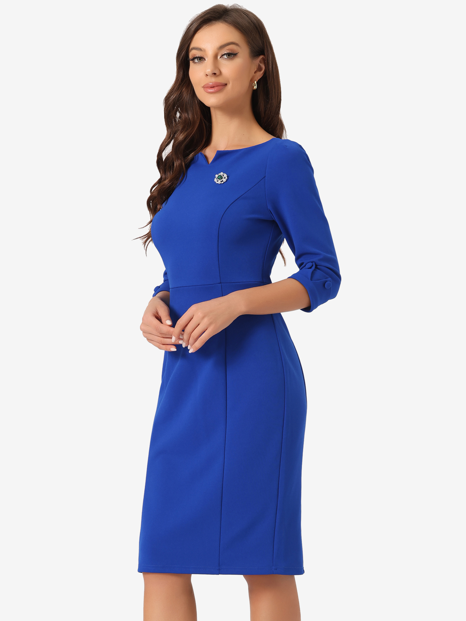 3/4 Sleeve Notch Neck Slim Fit Work Pencil Midi Dress Royal Blue/M