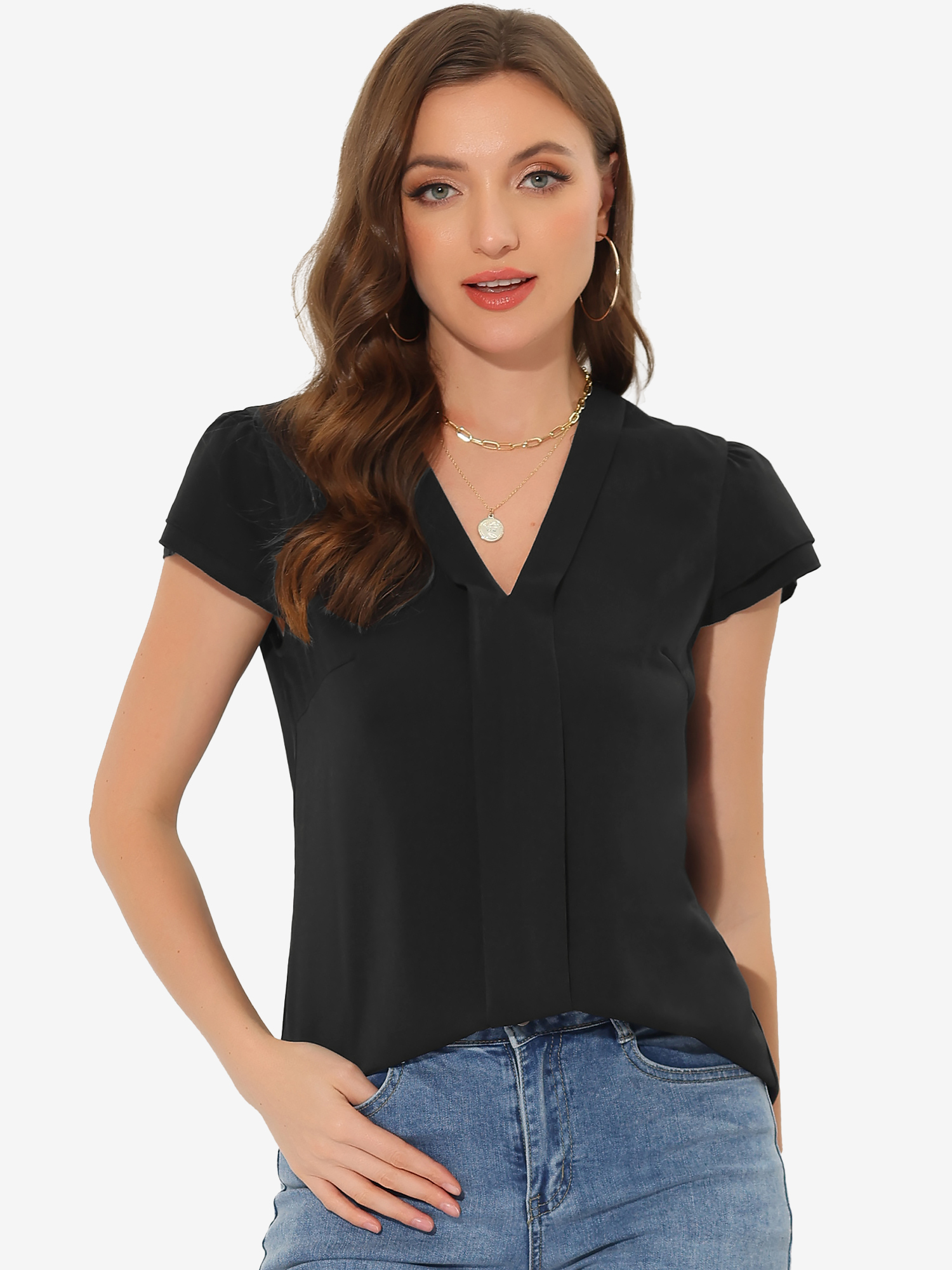 Summer Office Tops V-Neck Solid Color Casual Chiffon Ruffle Sleeve Blouse Black/XL