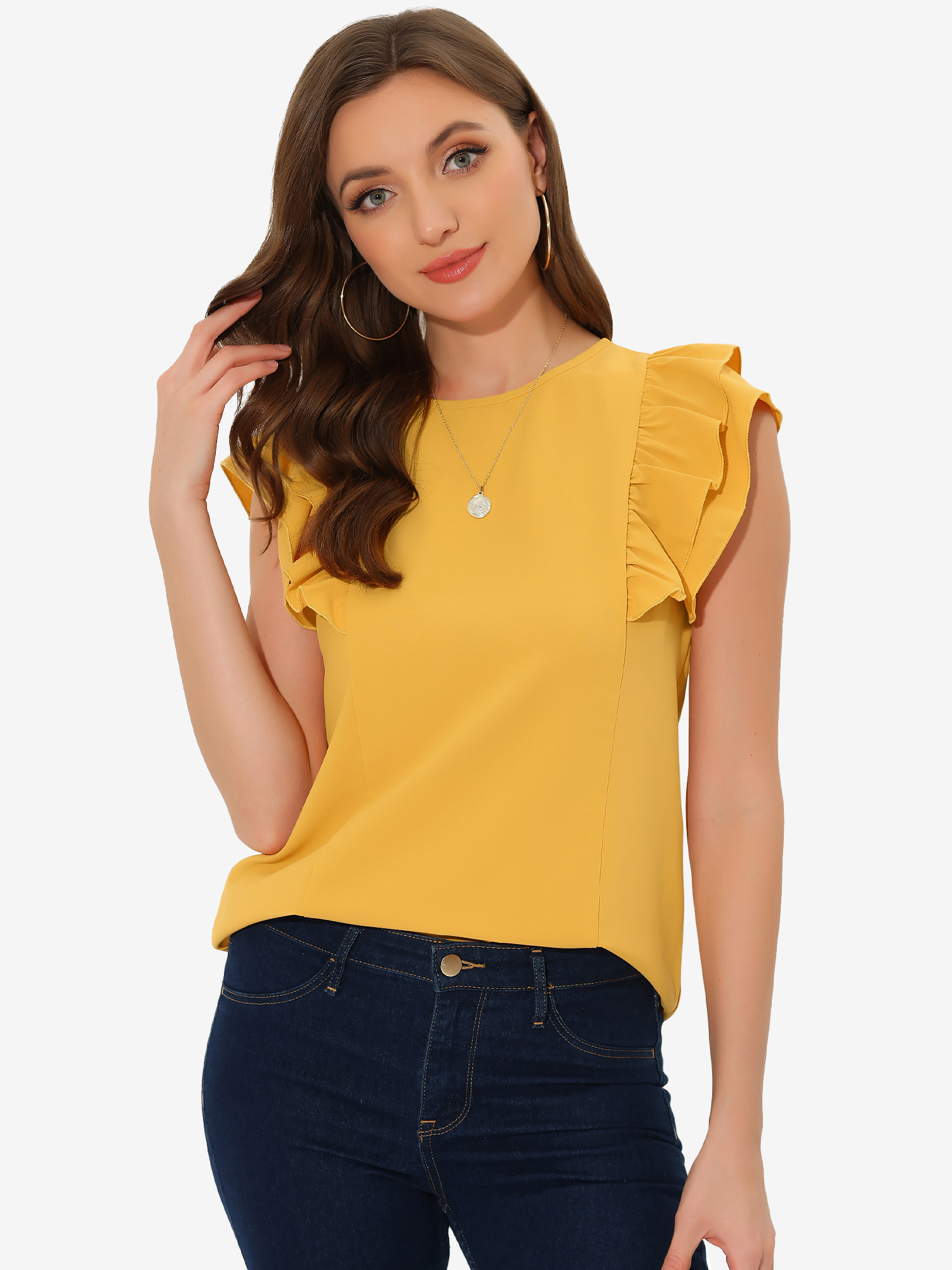 Ruffle Solid Round Neck Cap Sleeve Blouse Tops Yellow/S