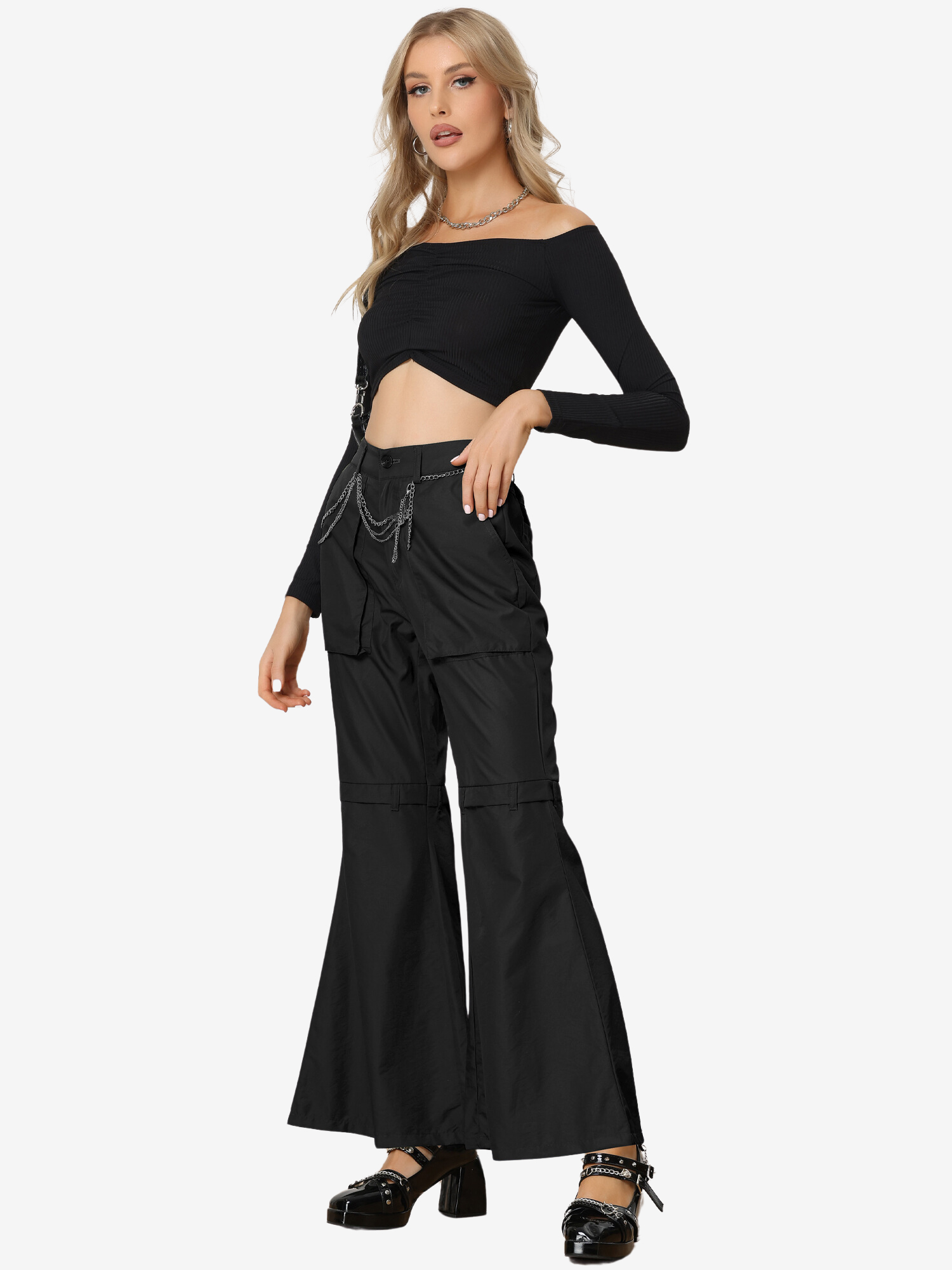 Bell Bottom High Waist Pockets Wide Leg Cargo Pants Black/XL