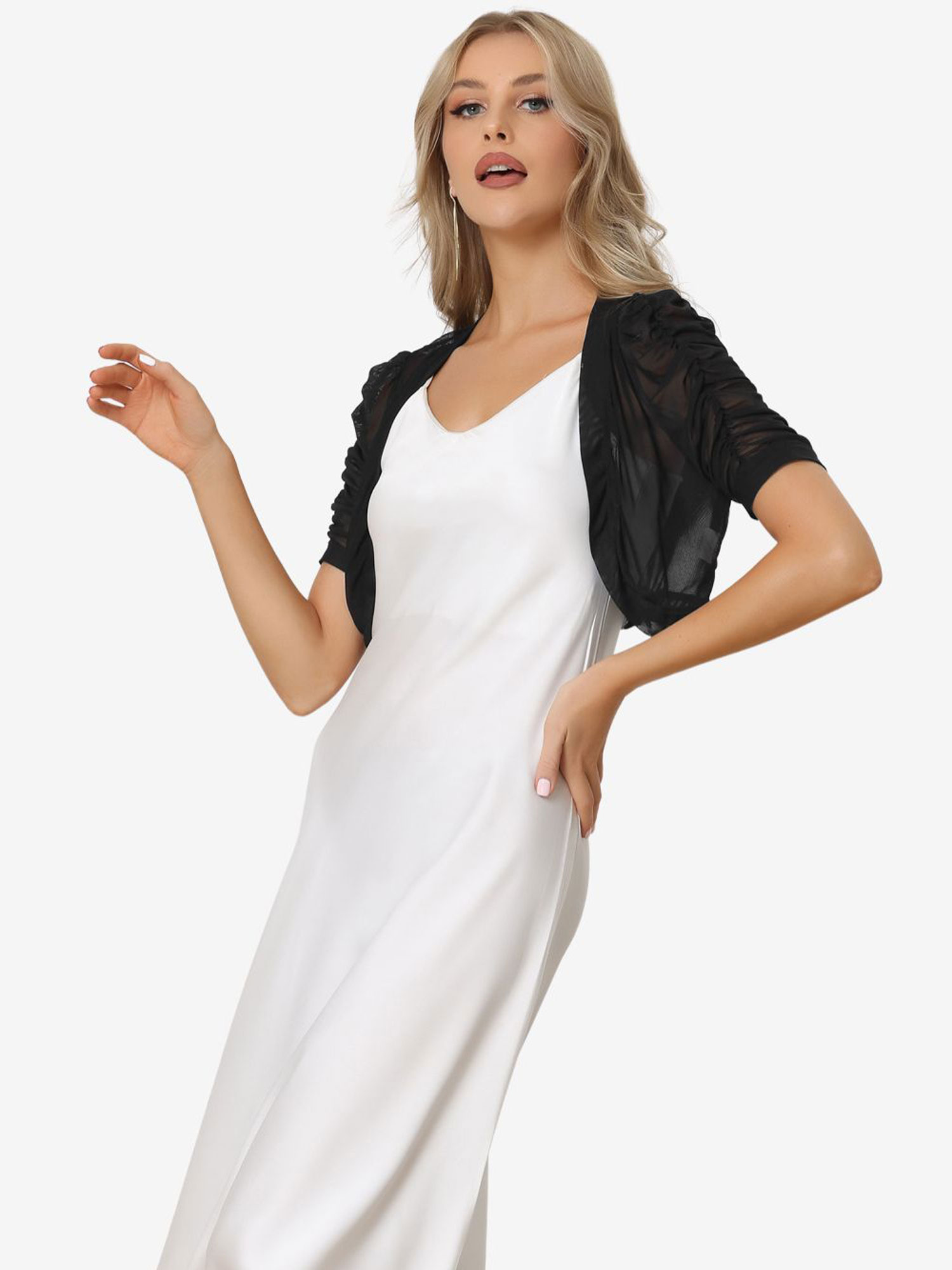 Short Sleeve Open Front Cropped Mesh Sheer Bolero Shrug Black/XS
