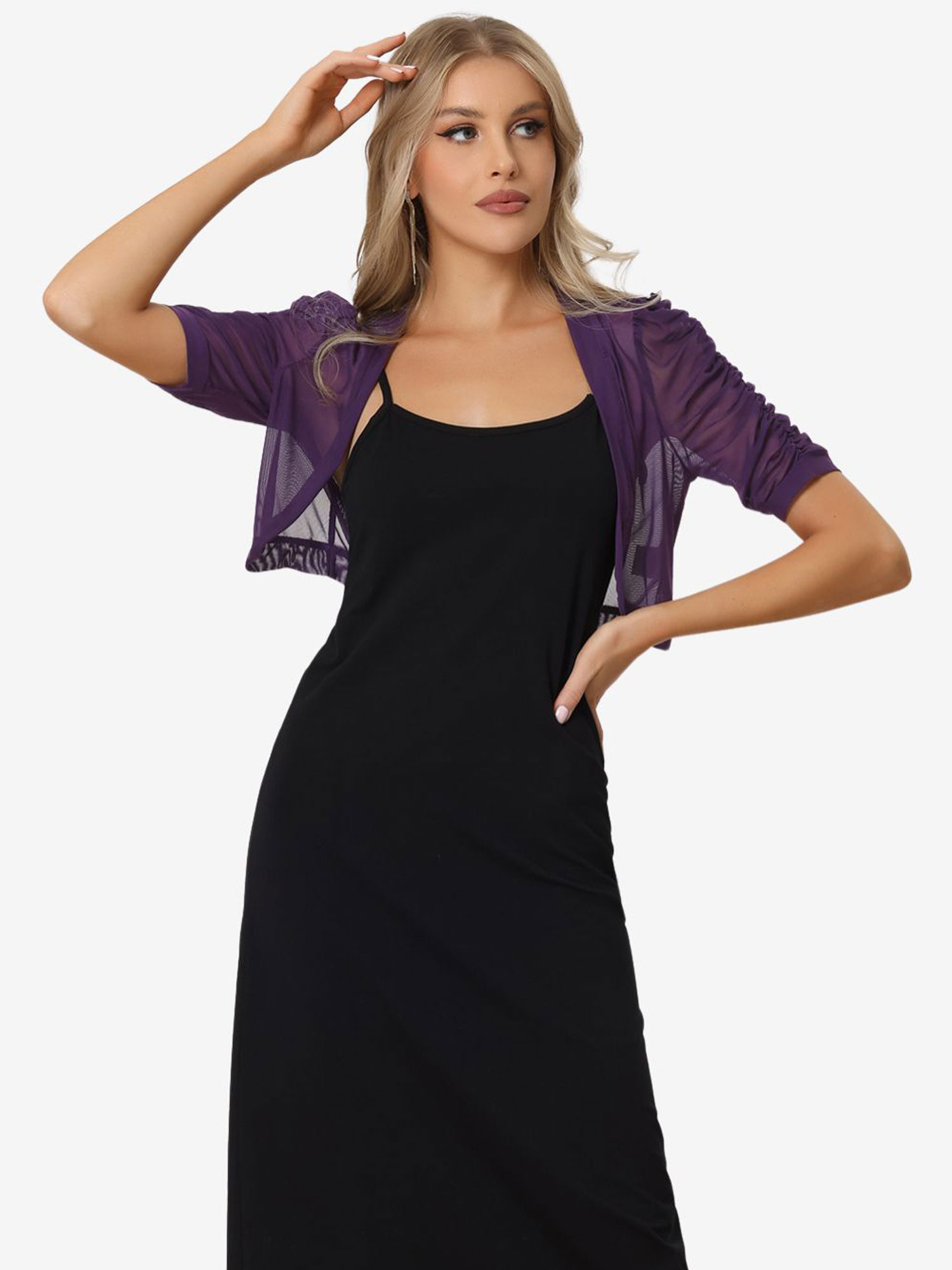 Short Sleeve Open Front Cropped Mesh Sheer Bolero Shrug Purple/XS