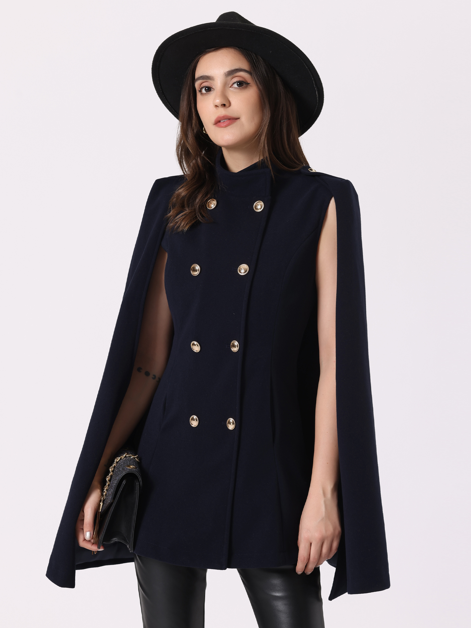 Winter Slit Sleeve Double Breasted Cloak Cape Coat Dark Blue/M