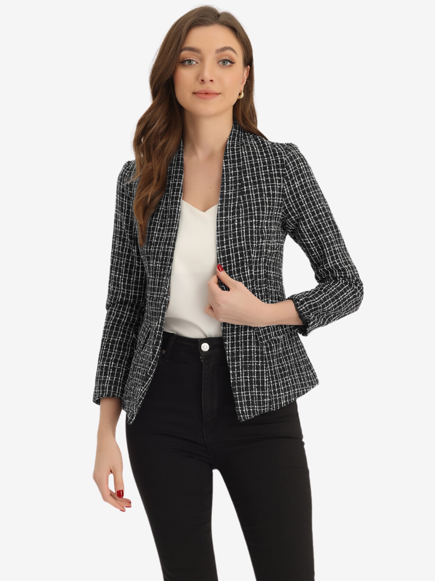 Long Sleeve Open Front Work Office Jackets Plaid Tweed Blazer Black/L