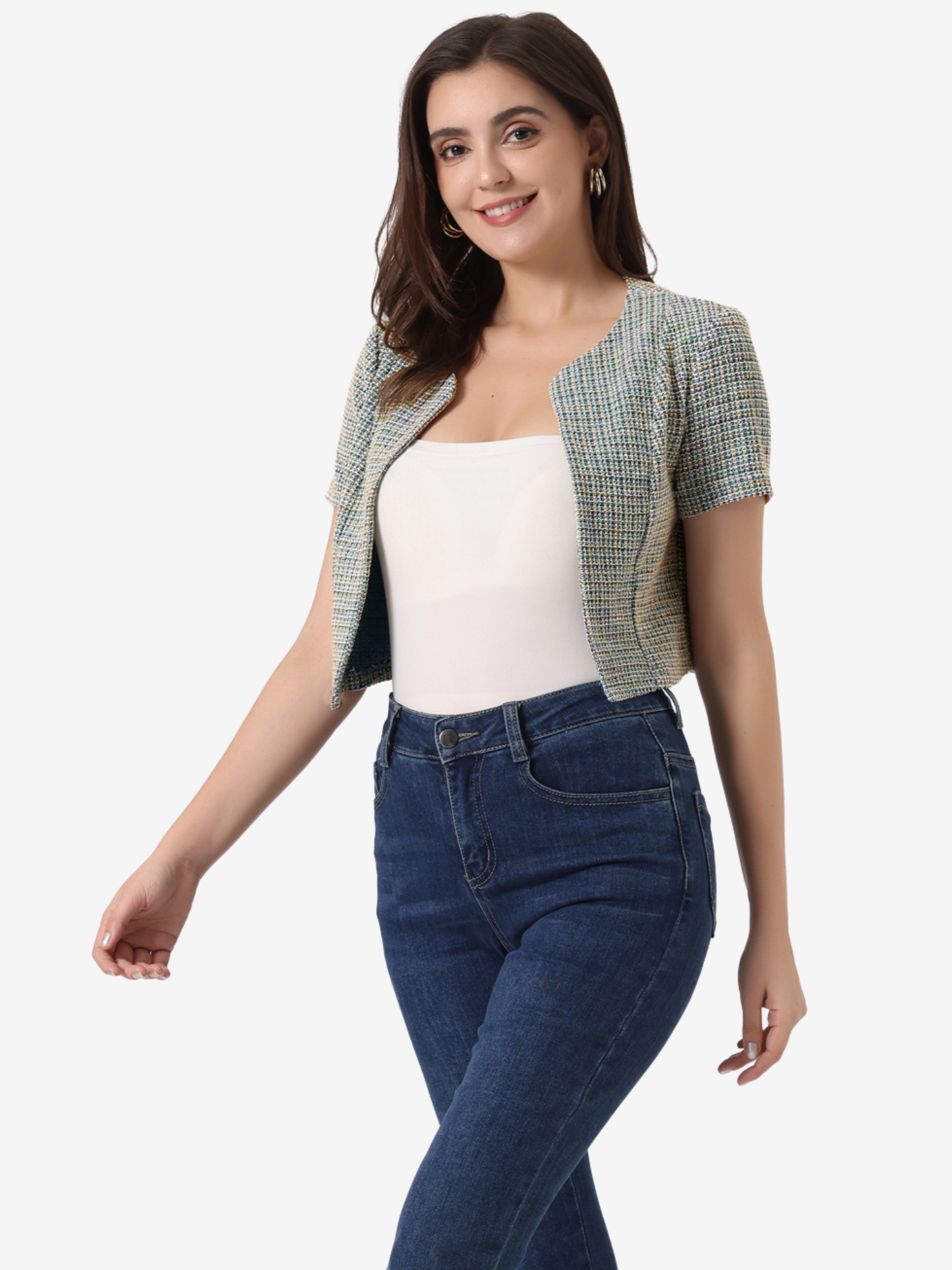Tweed Open Front Short Sleeve Cropped Jacket Beige/L