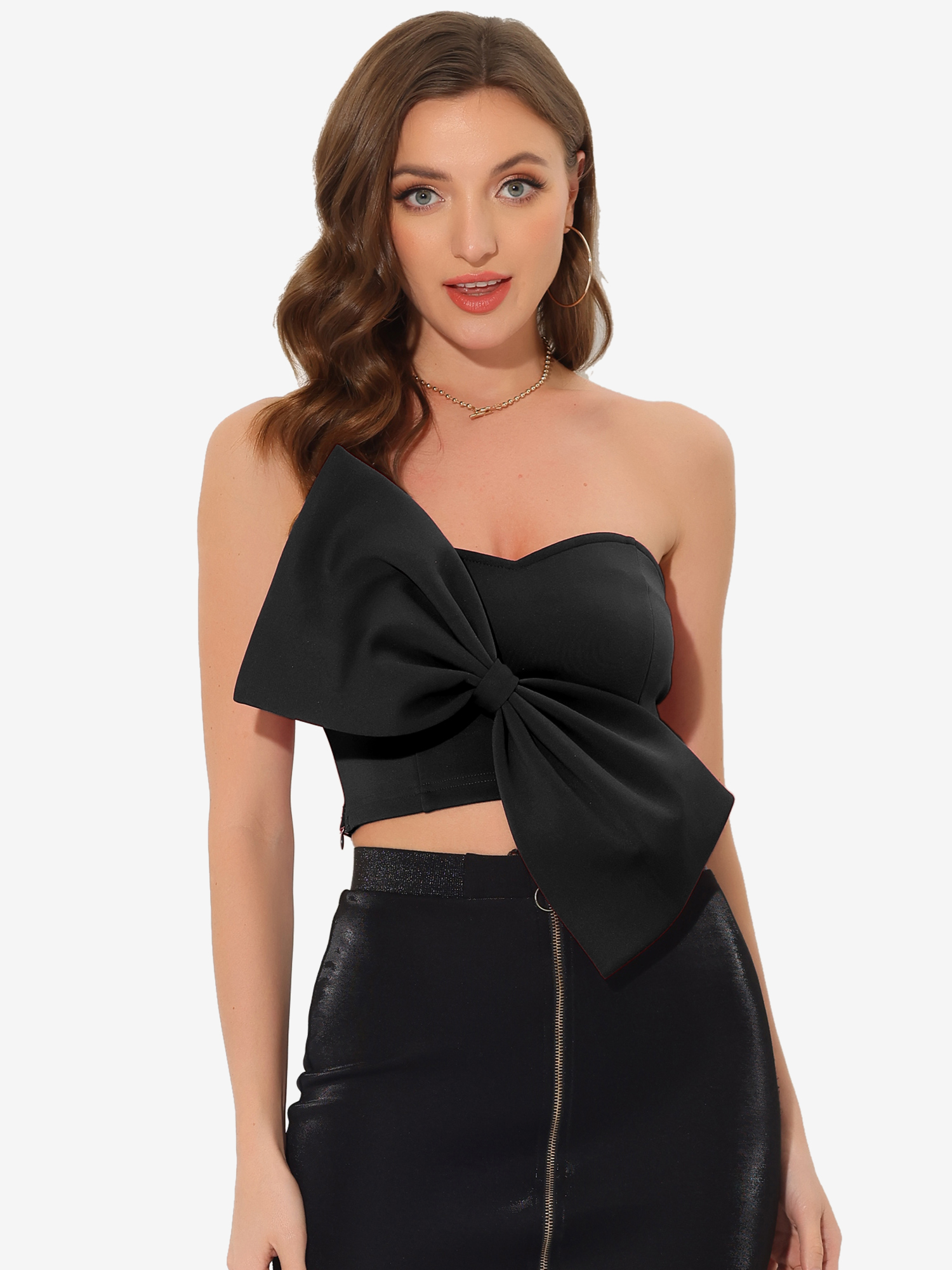 Bow Crop Strapless Sweetheart Neck Party Bustier Bandeau Top Black/S