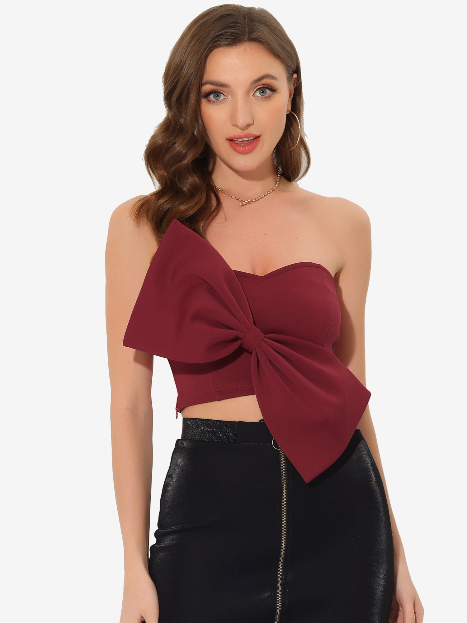 Bow Crop Strapless Sweetheart Neck Party Bustier Bandeau Top Red/L