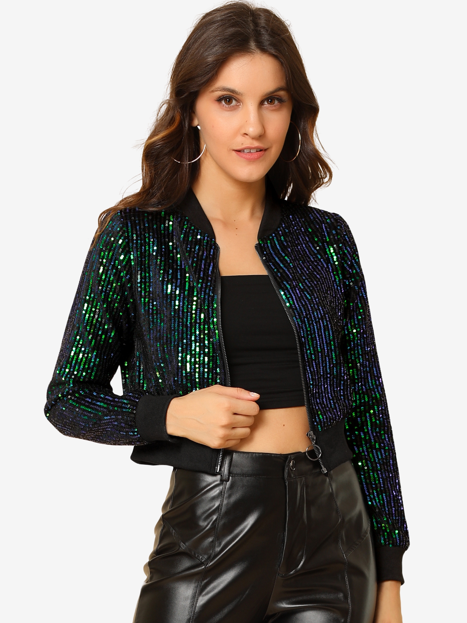 Sparkly Glitter Zipper Front Crop Sequin Bomber Jacket Green/3XL
