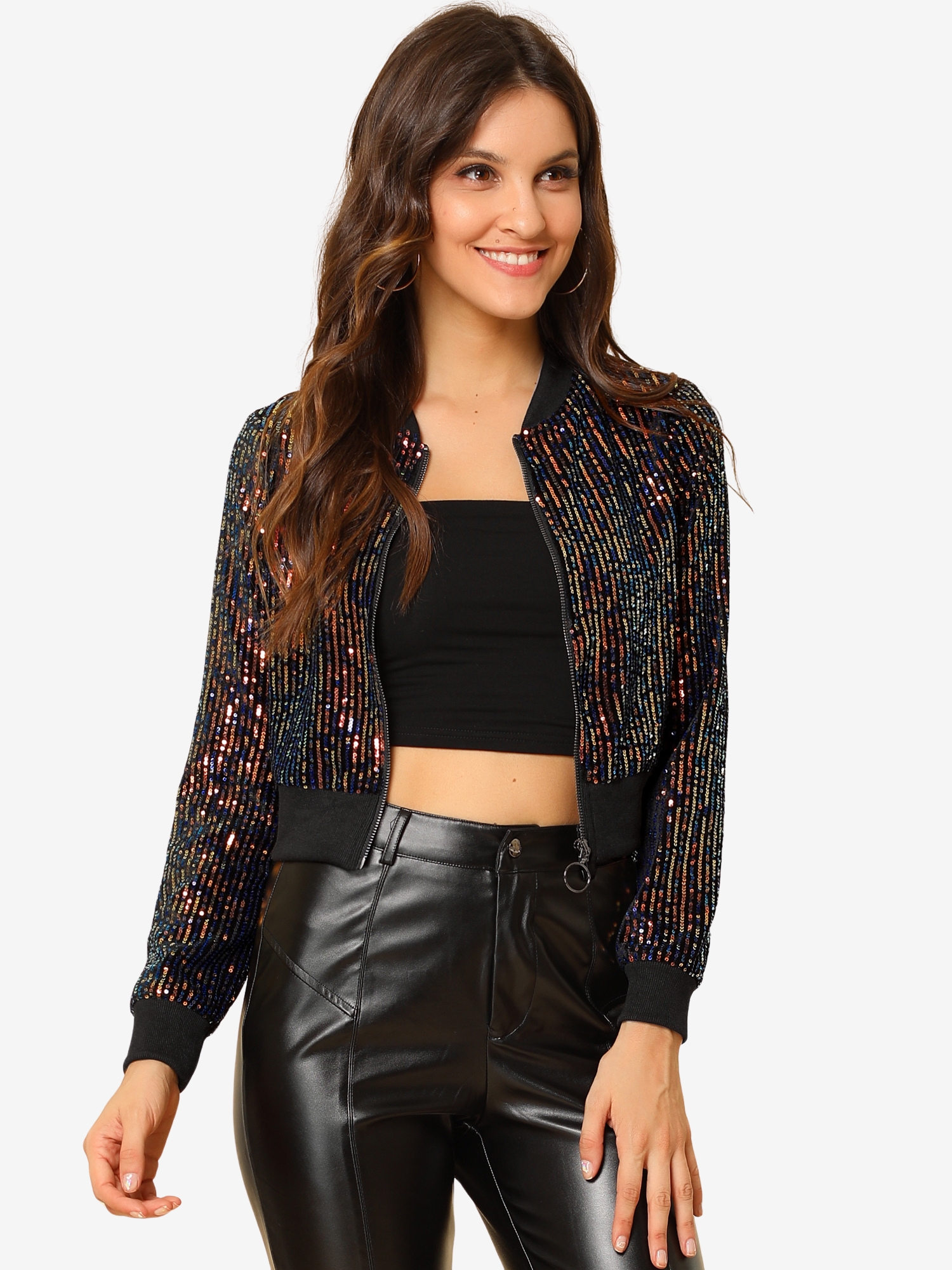Sparkly Glitter Zipper Front Crop Sequin Bomber Jacket Apricot/3XL