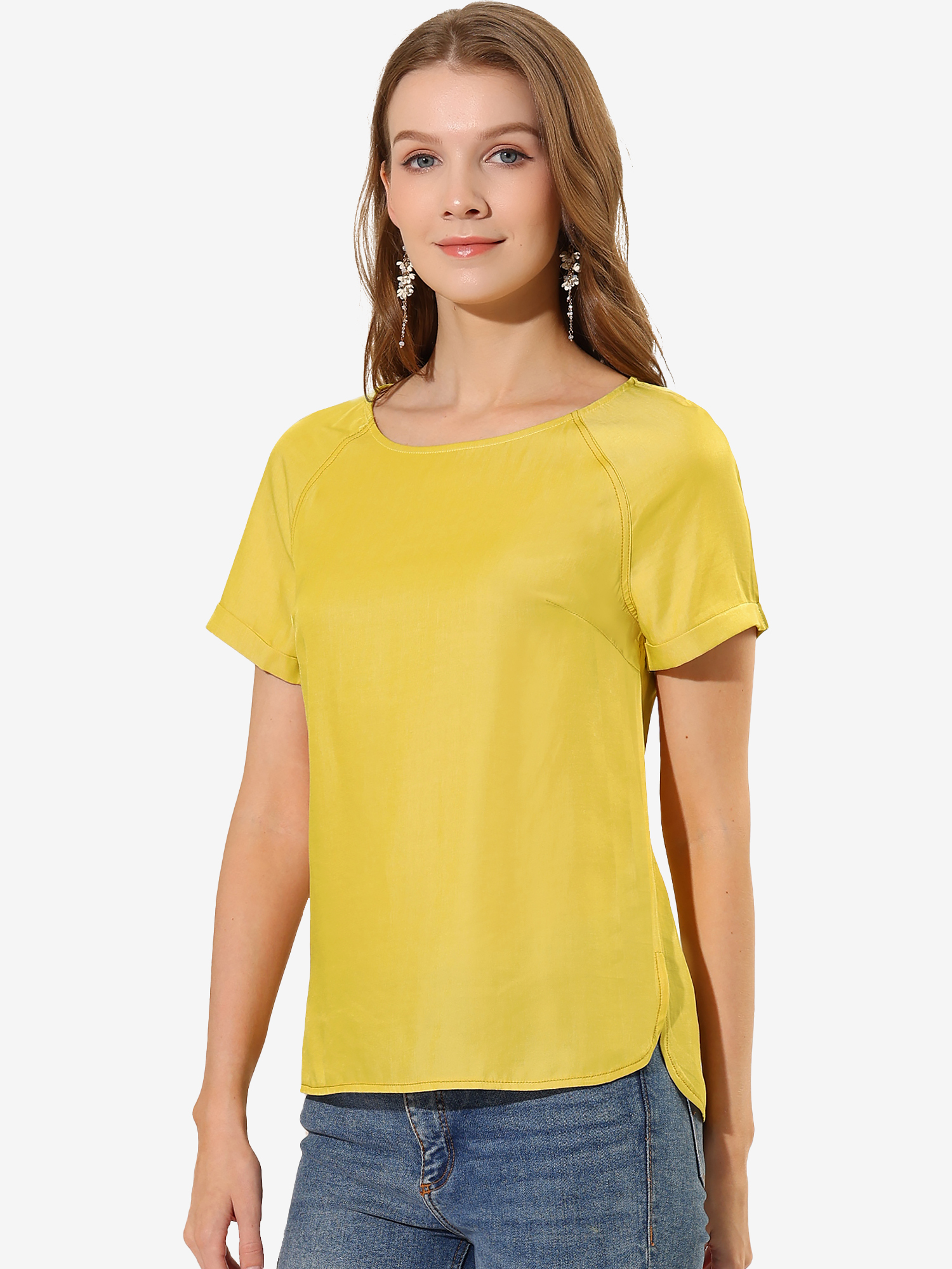 Chambray Side Slit Raglan Short Sleeve Top Yellow/XL