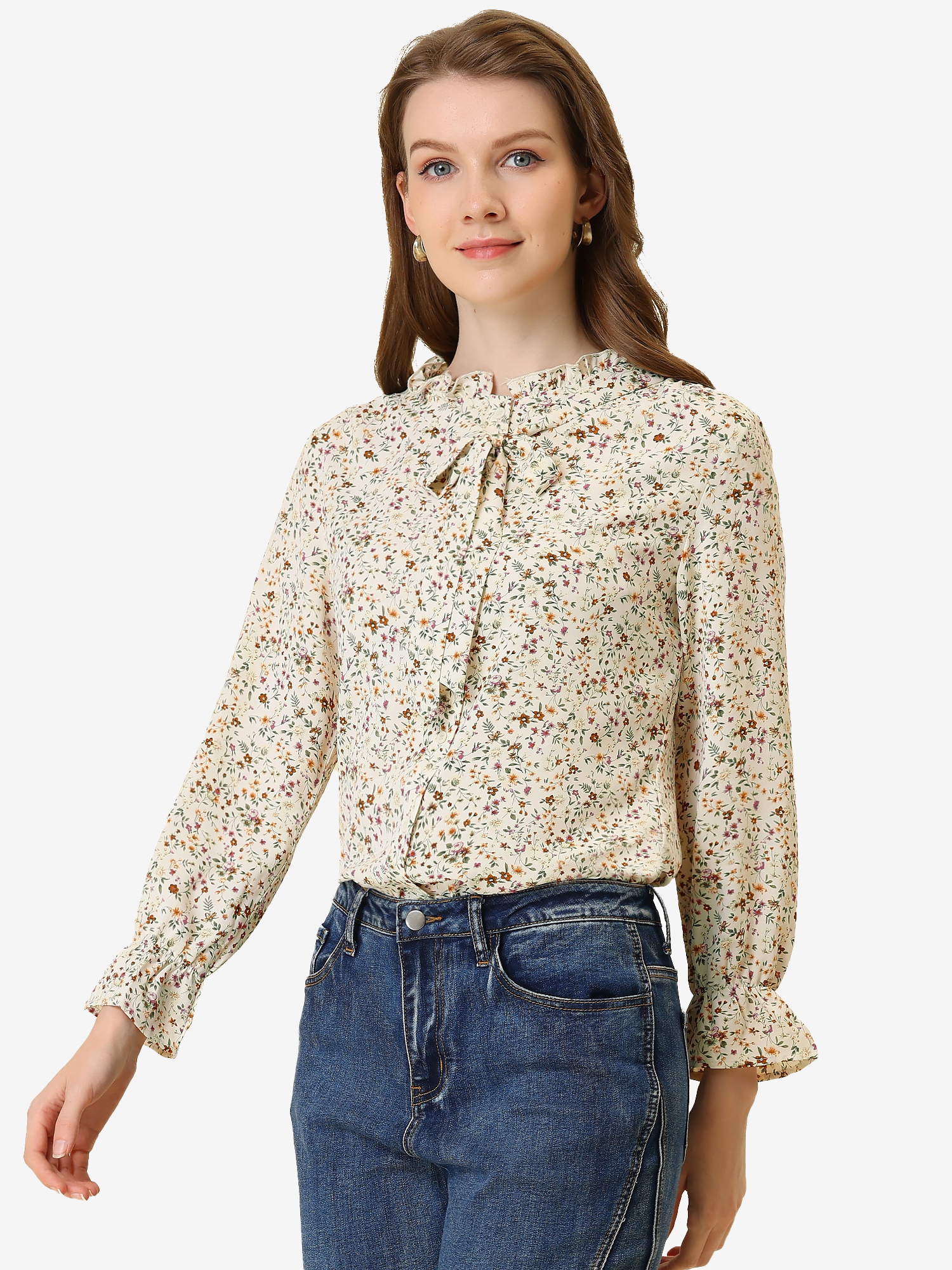 Vintage Floral Tie Neck Long Sleeve Ruffled Collar Peasant Blouse Cream/M