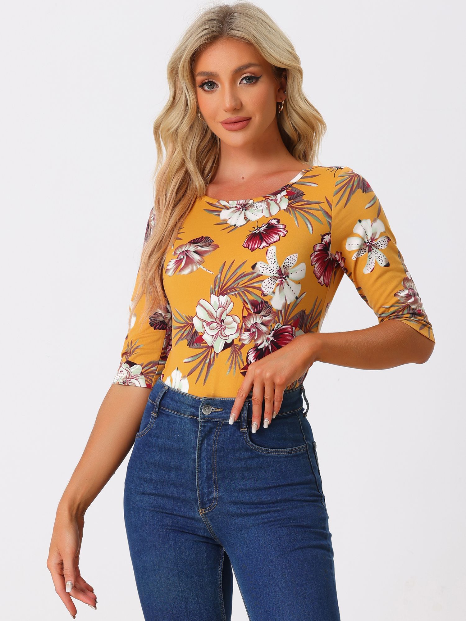 Casual 3/4 Sleeve Round Neck Striped Printed T-Shirt Yellow-Floral/L