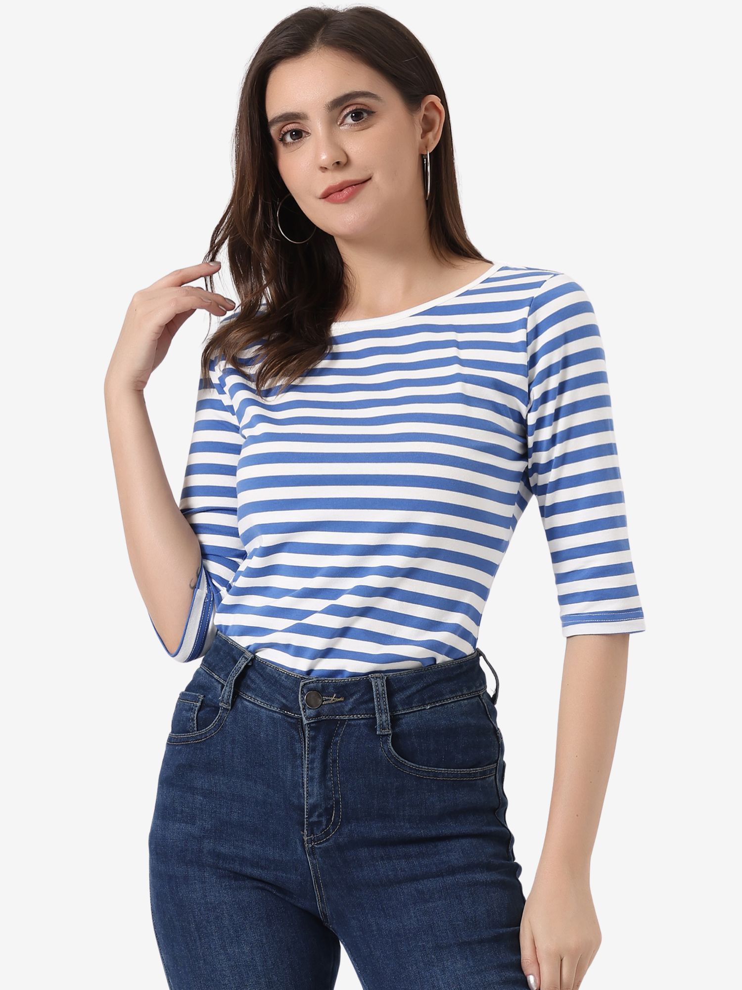 3/4 Sleeve Round Neck Casual Striped T-Shirt Blue White/M