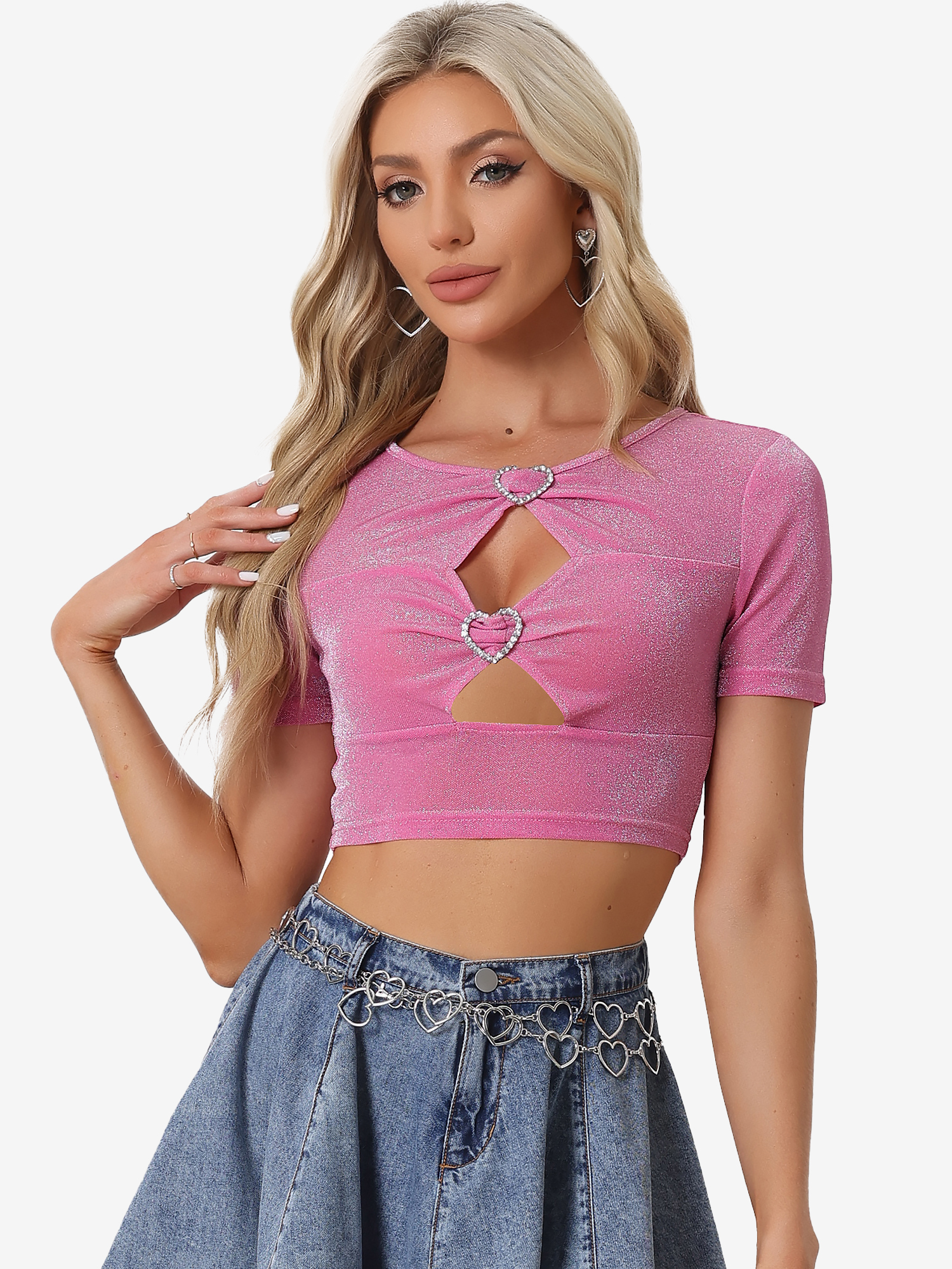 Party Glitter Shiny Short Sleeves Cut Out Crop Tops Hot Pink/XS