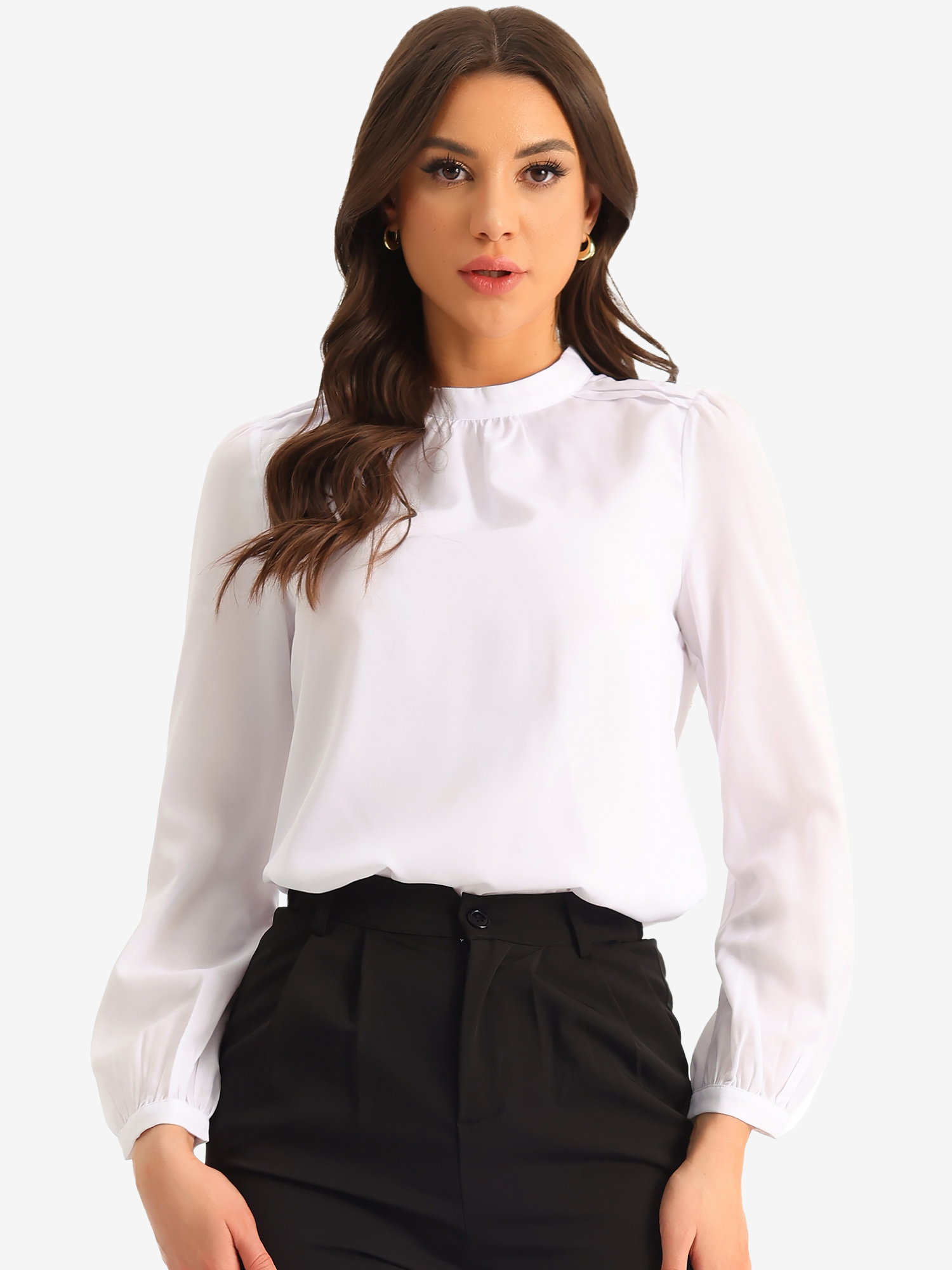 Chiffon Shirt Work Office Mock Neck Long Sleeve Blouse White/XL