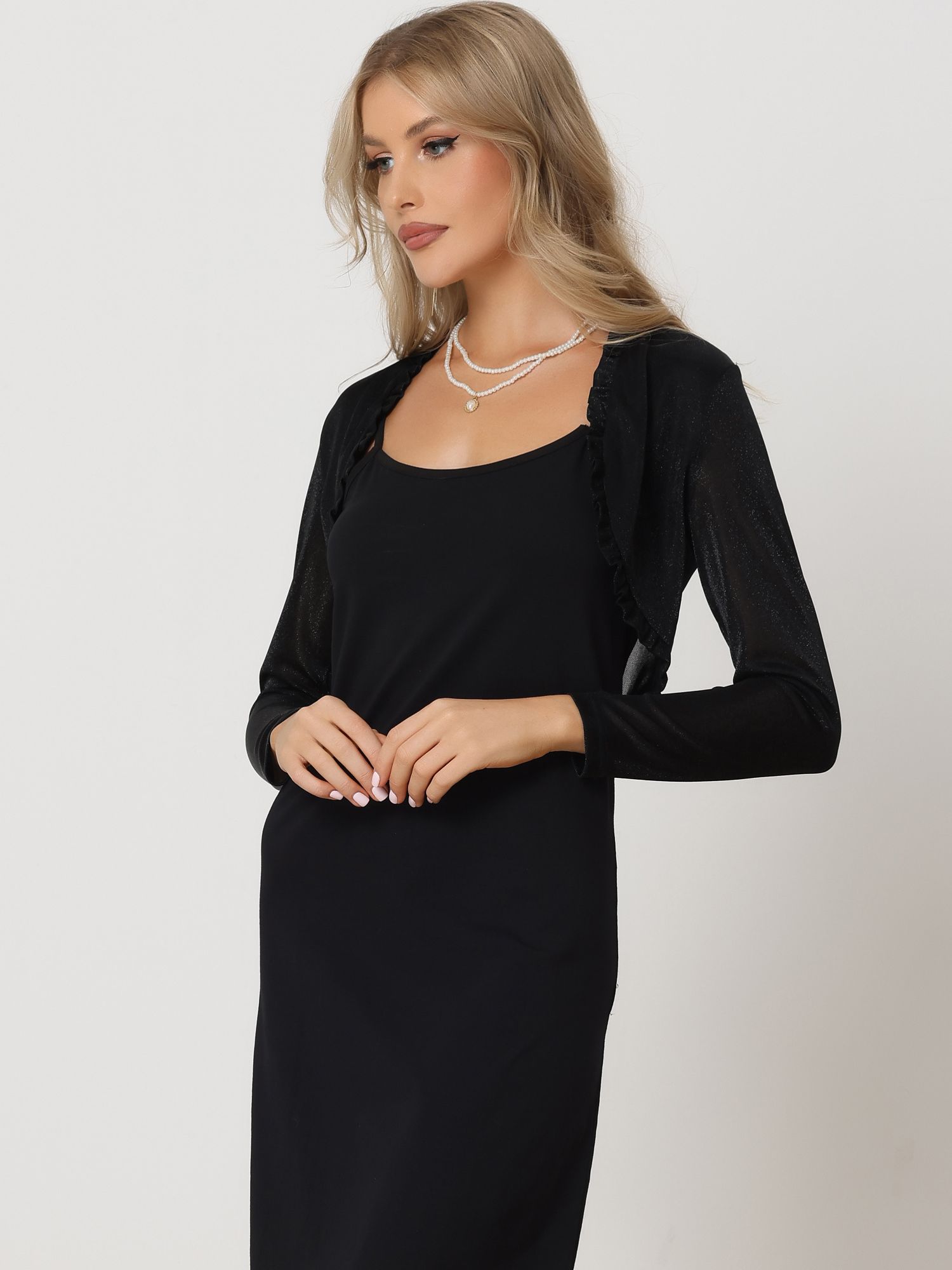 Party Shrugs Long Sleeve Glitter Crop Ruffle Bolero Shrug Black/XL