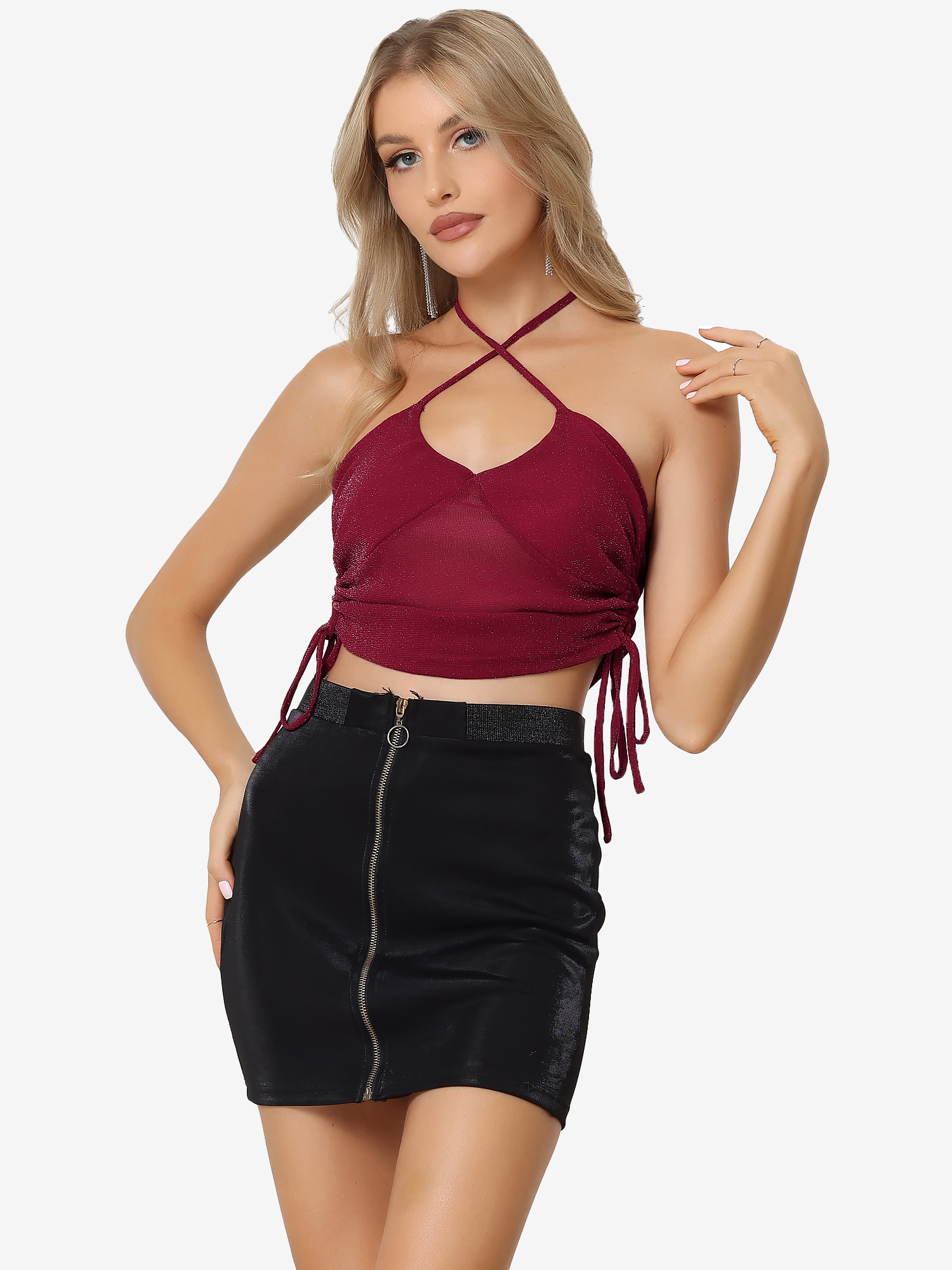 Glitter Halter Neck Sleeveless Sheer Sexy Club Party Cropped Top Red/L
