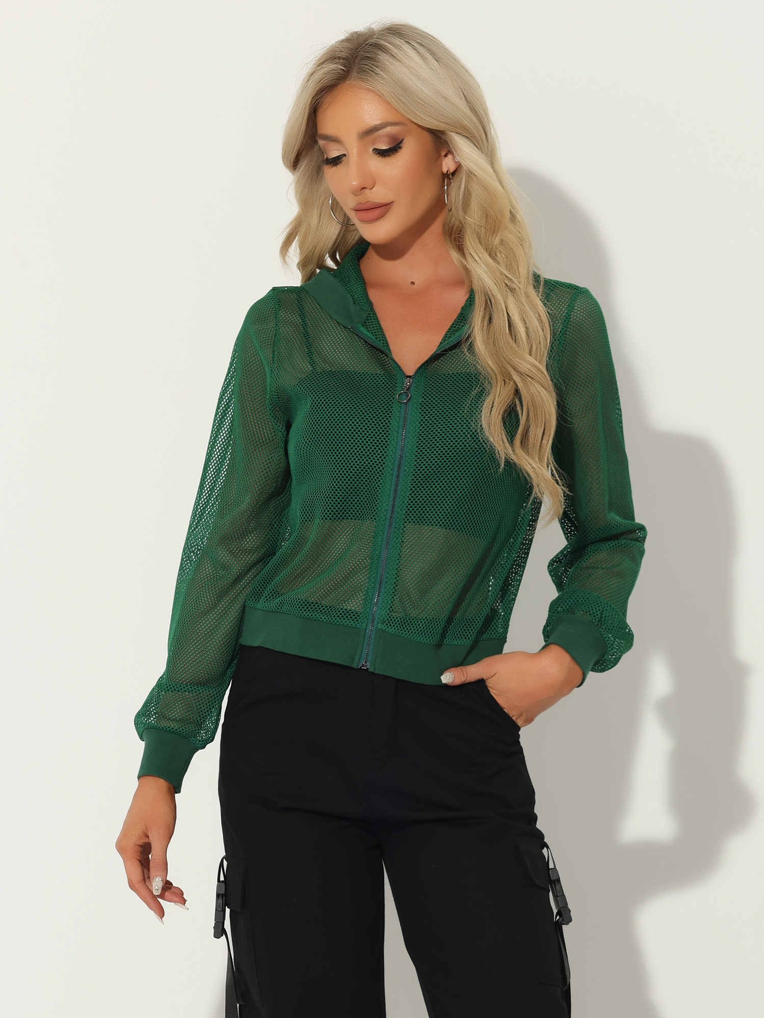 Zip Up Long Sleeve Mesh Sheer Hoodie Bomber Jackets Dark Green/XL