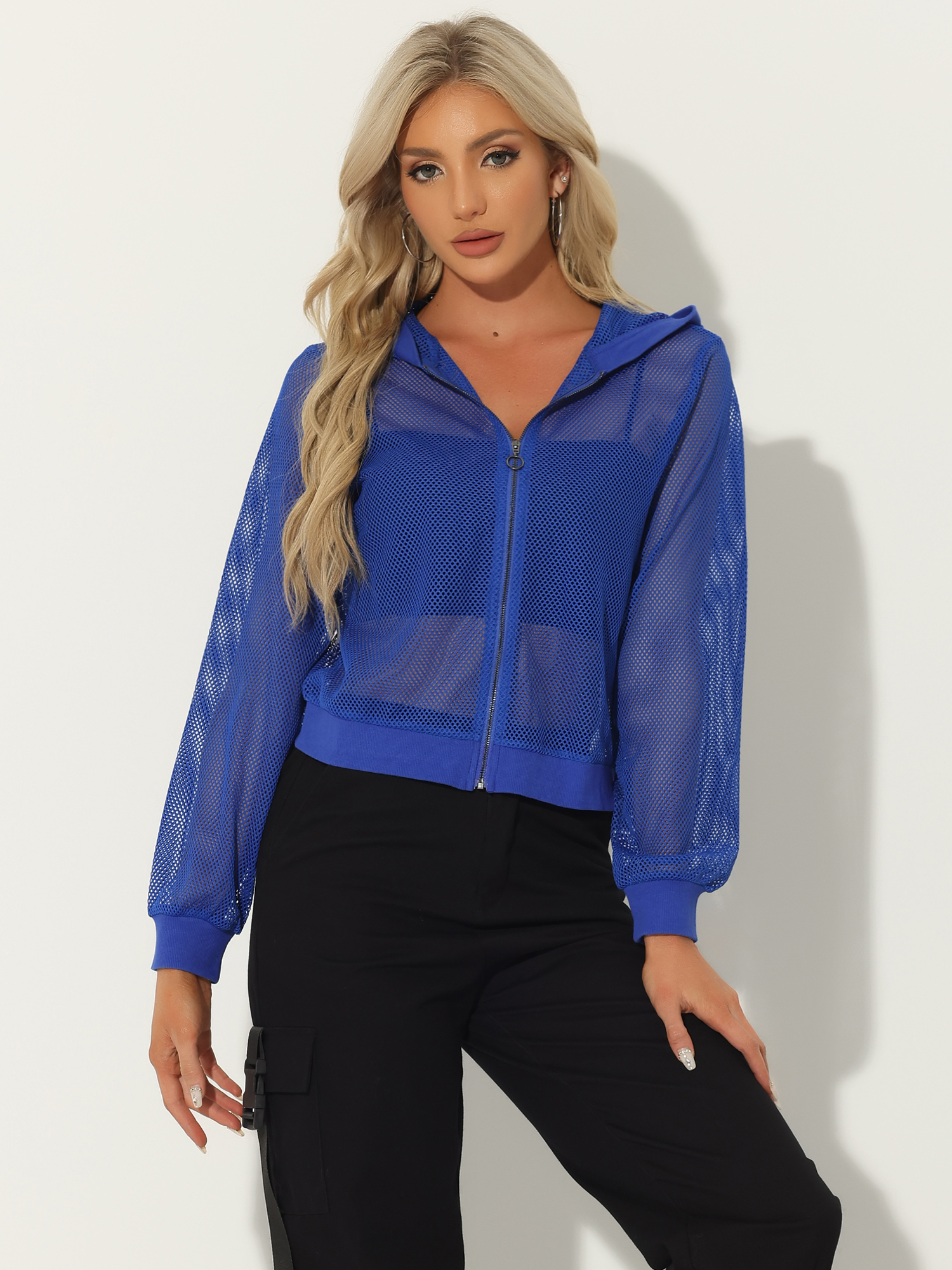 Zip Up Long Sleeve Mesh Sheer Hoodie Bomber Jackets Blue/S