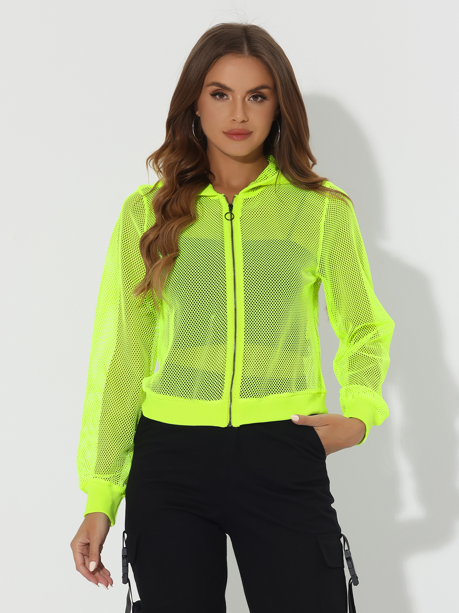 Zip Up Long Sleeve Mesh Sheer Hoodie Bomber Jackets Neon Yellow/XS