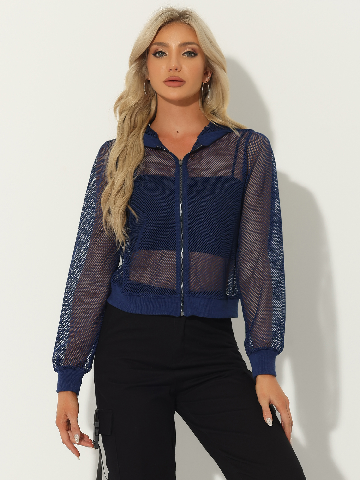 Zip Up Long Sleeve Mesh Sheer Hoodie Bomber Jackets Navy Blue/S