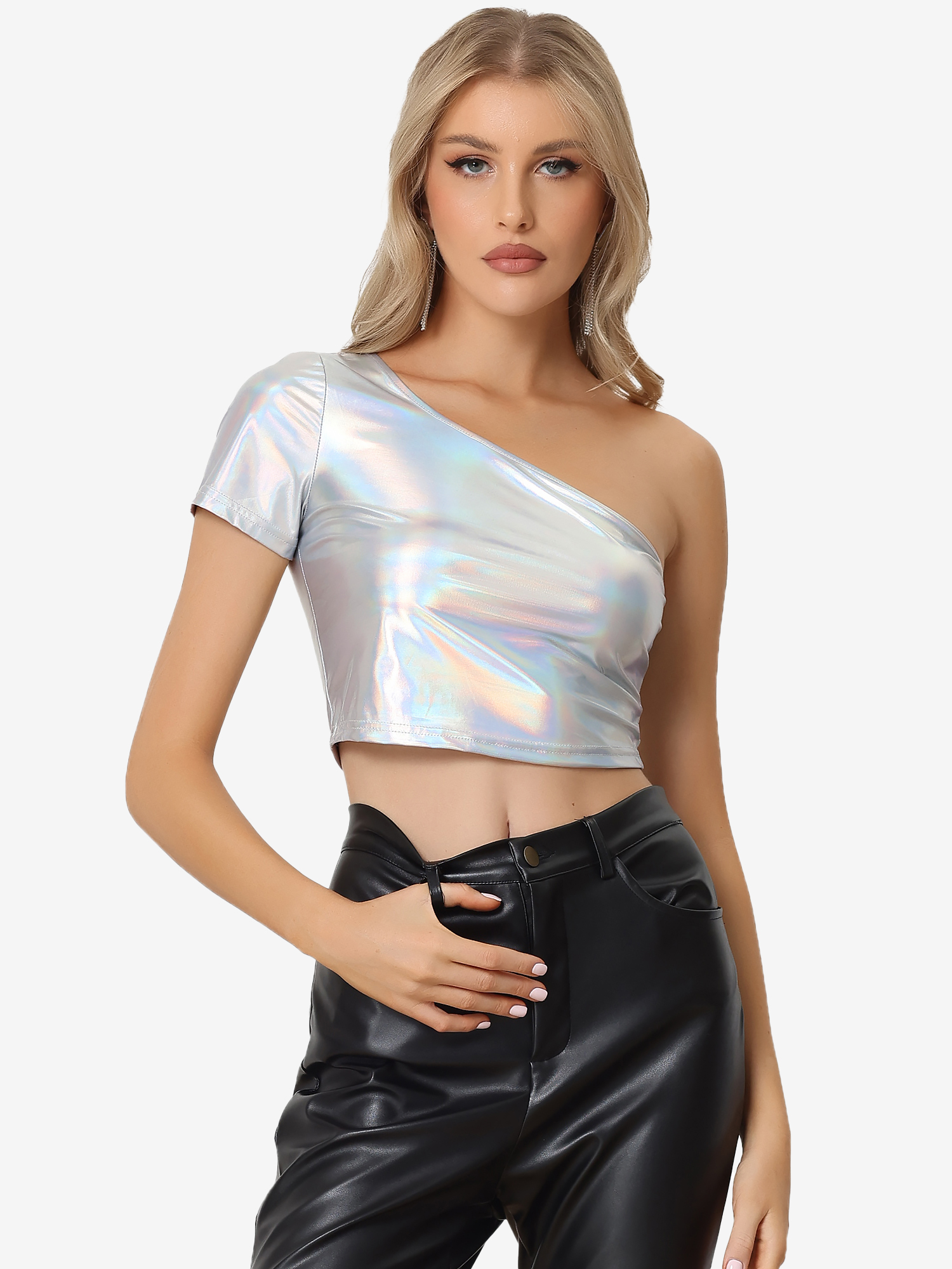 One Shoulder Shinny Holographic Clubwear Party Metallic Crop Top Silver/S