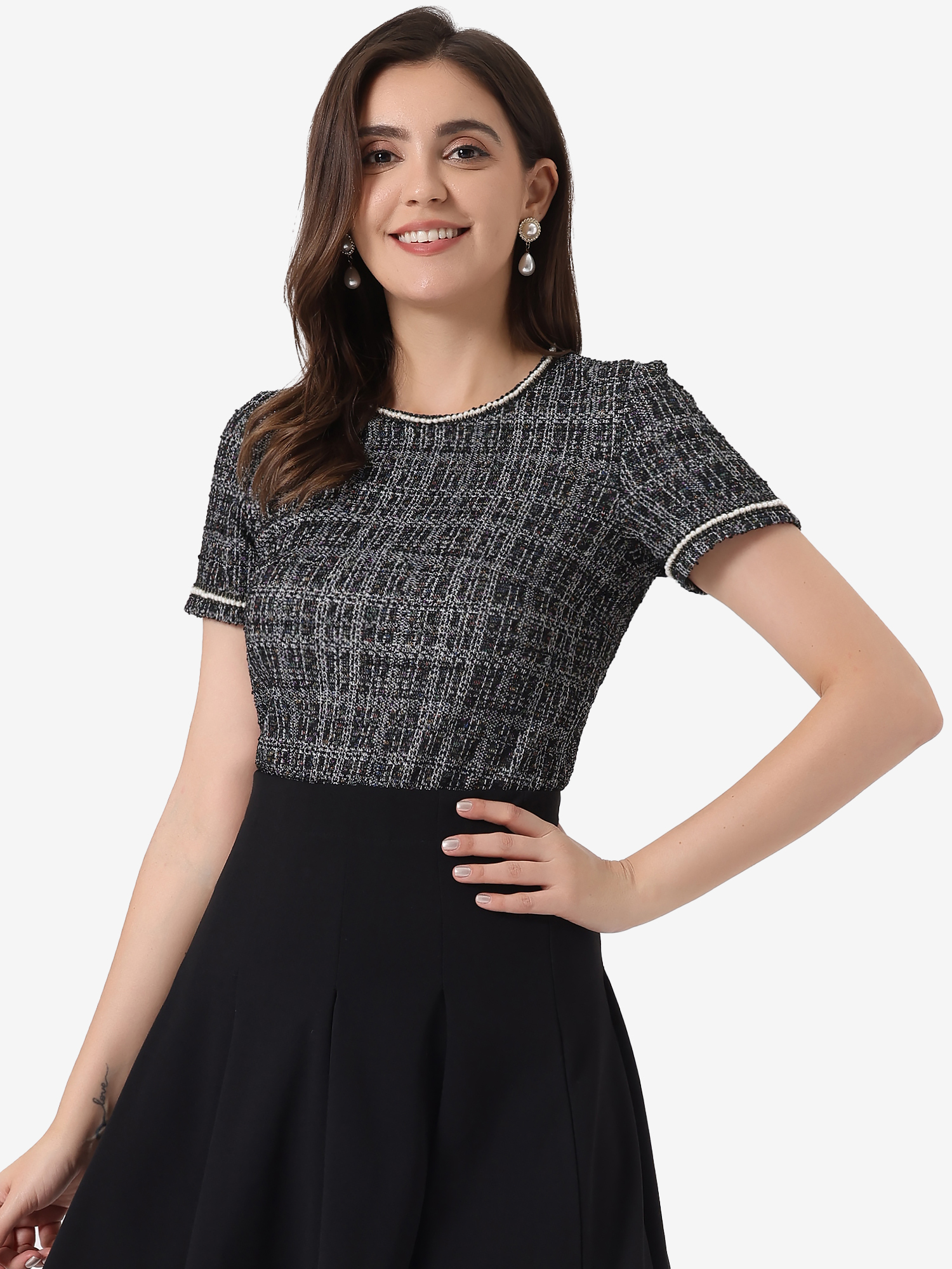 Tweed Short Sleeve Top Casual Round Neck Pearl Decoration Blouse Black White/XL