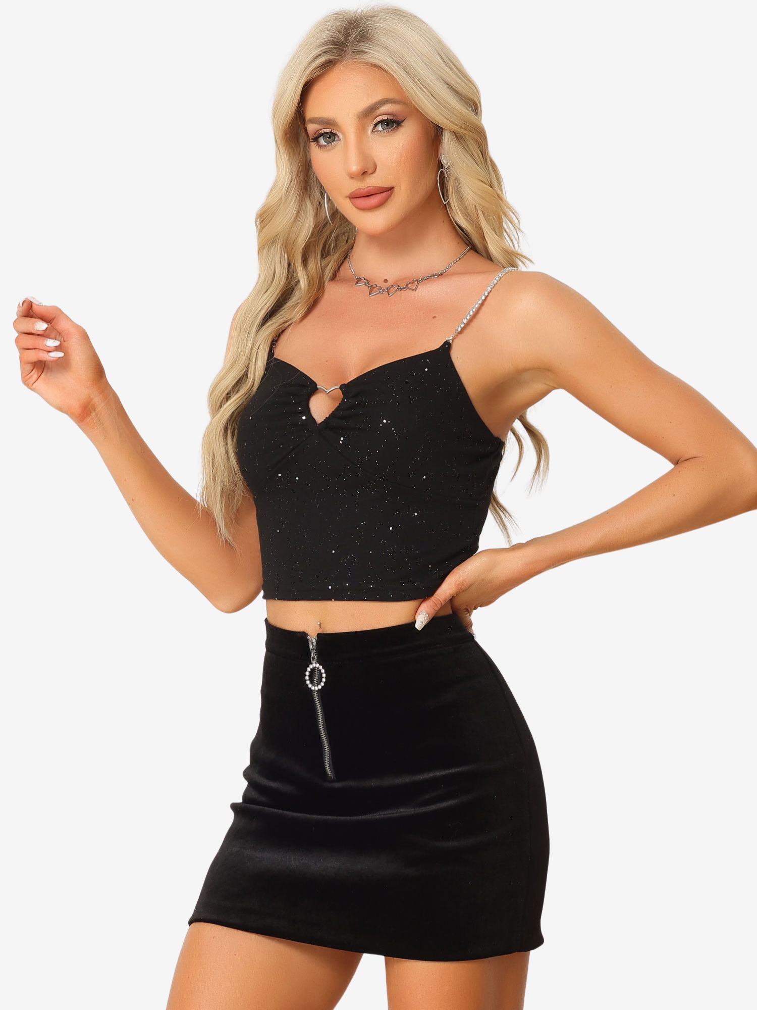 Sparkly Glitter Encrusted Spaghetti Straps Cut Out Party Camisole Cropped Tops Black/L