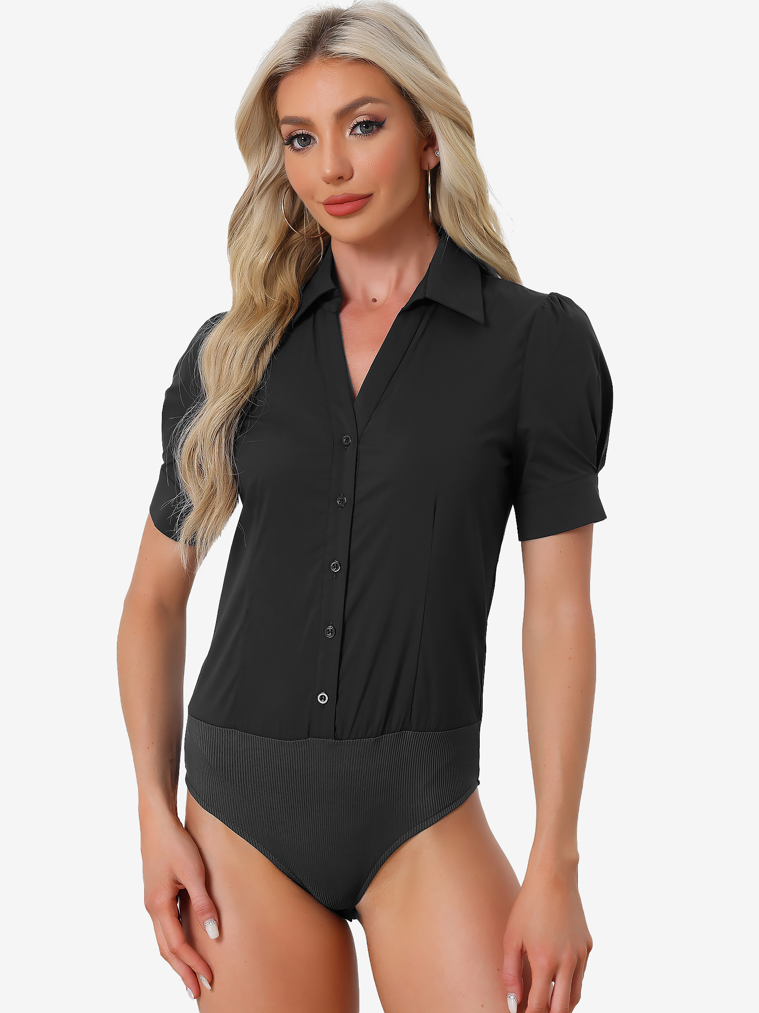 Button Down Leotard Shirt Short Sleeve Collared Business Work Bodysuit Black/XS