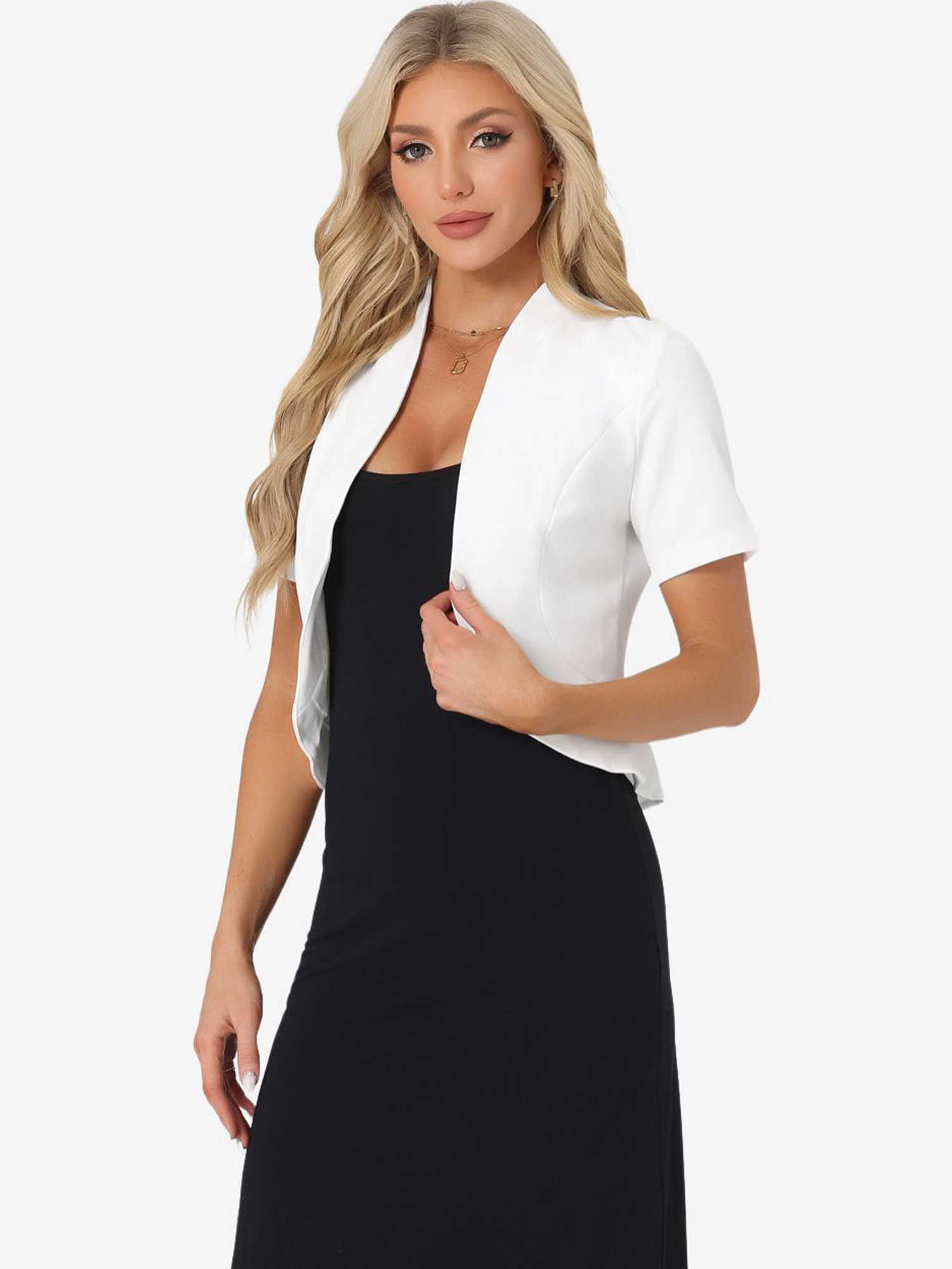 Open Front Short Sleeve Collarless Ruffled Hem Cropped Blazer White/M