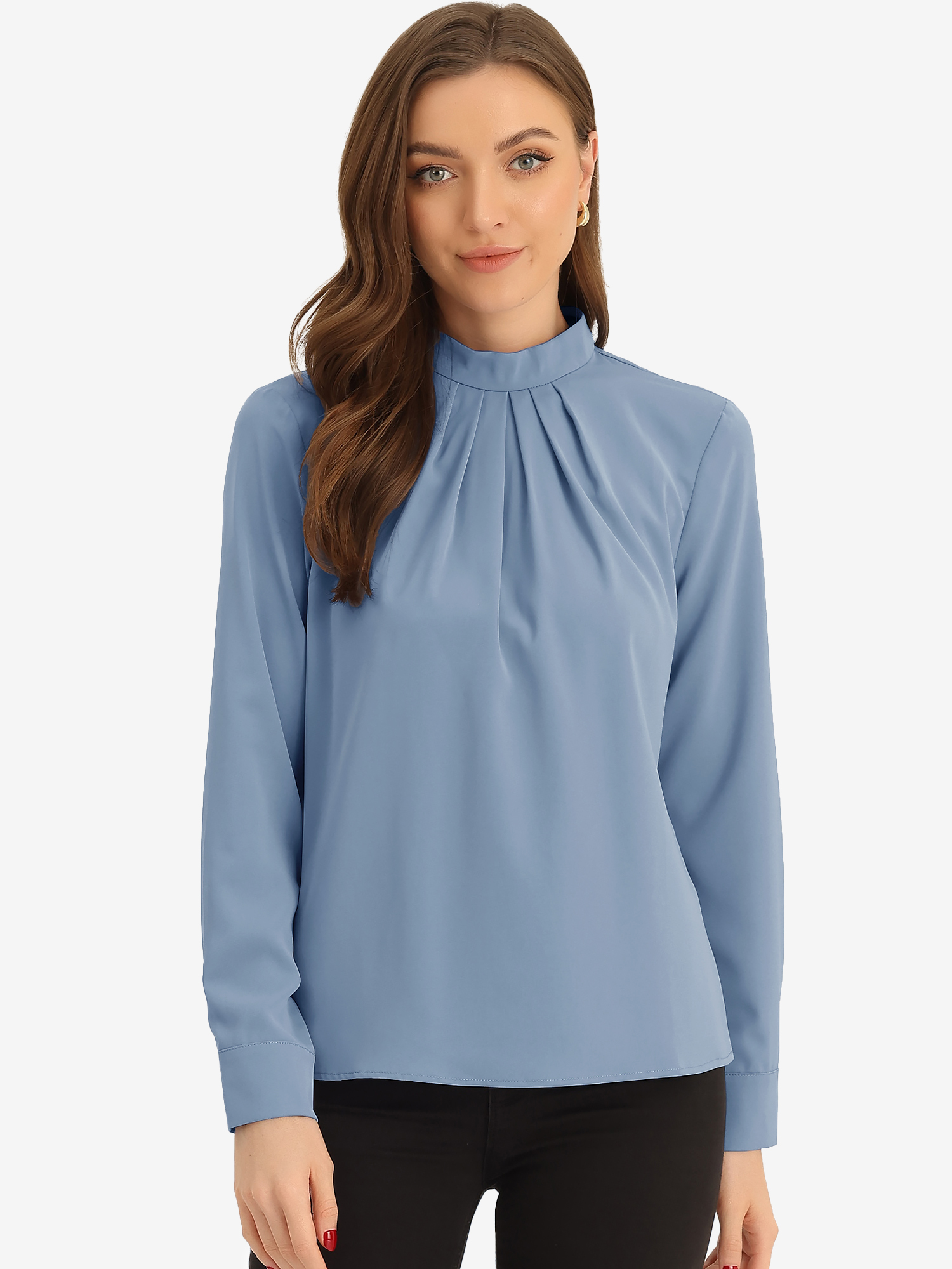 Stand Collar Chiffon Long Sleeve Business Casual Work Blouse Grey Blue/S