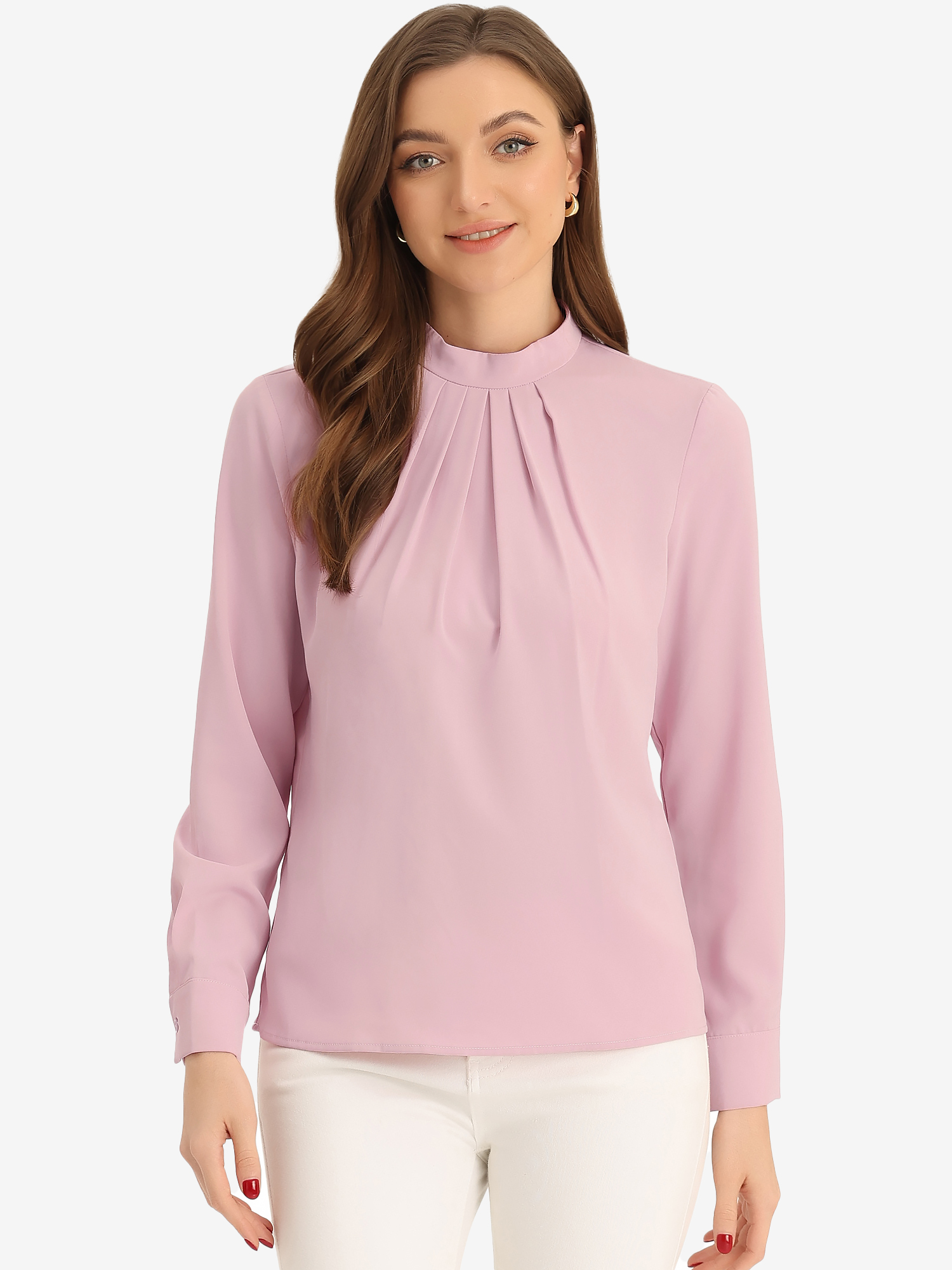 Stand Collar Chiffon Long Sleeve Business Casual Work Blouse Pink/XL