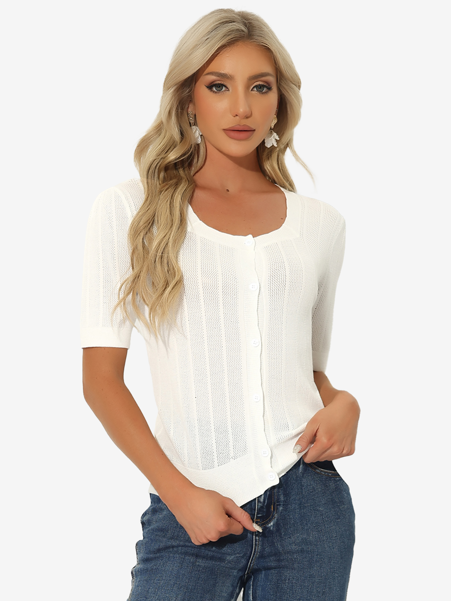 Vintage Short Sleeve Button Up Knit Sweater Cardigan White/L