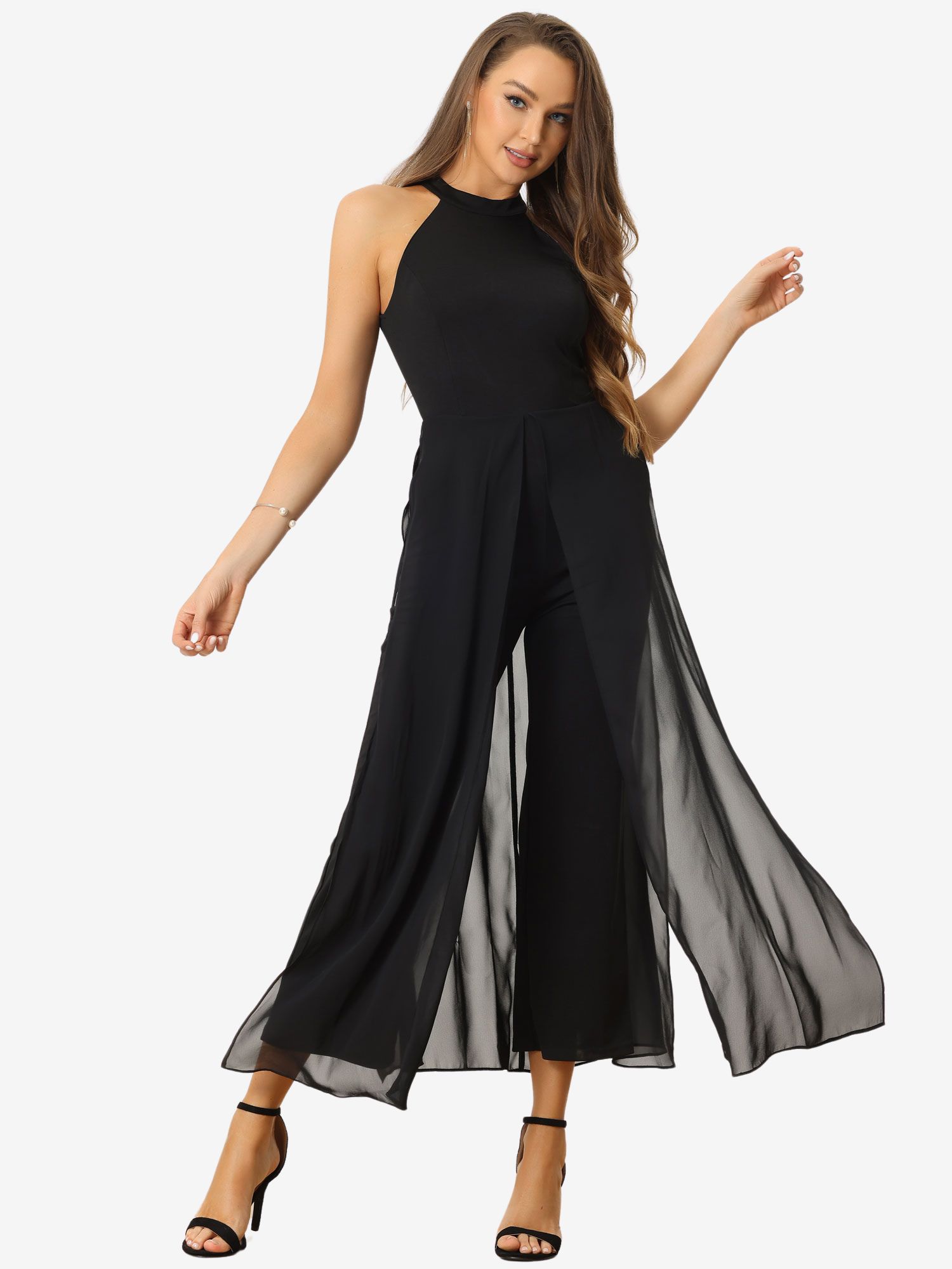 Sleeveless Halter Neck Belted Elegant Wedding Cocktail Dressy Jumpsuits Black/S