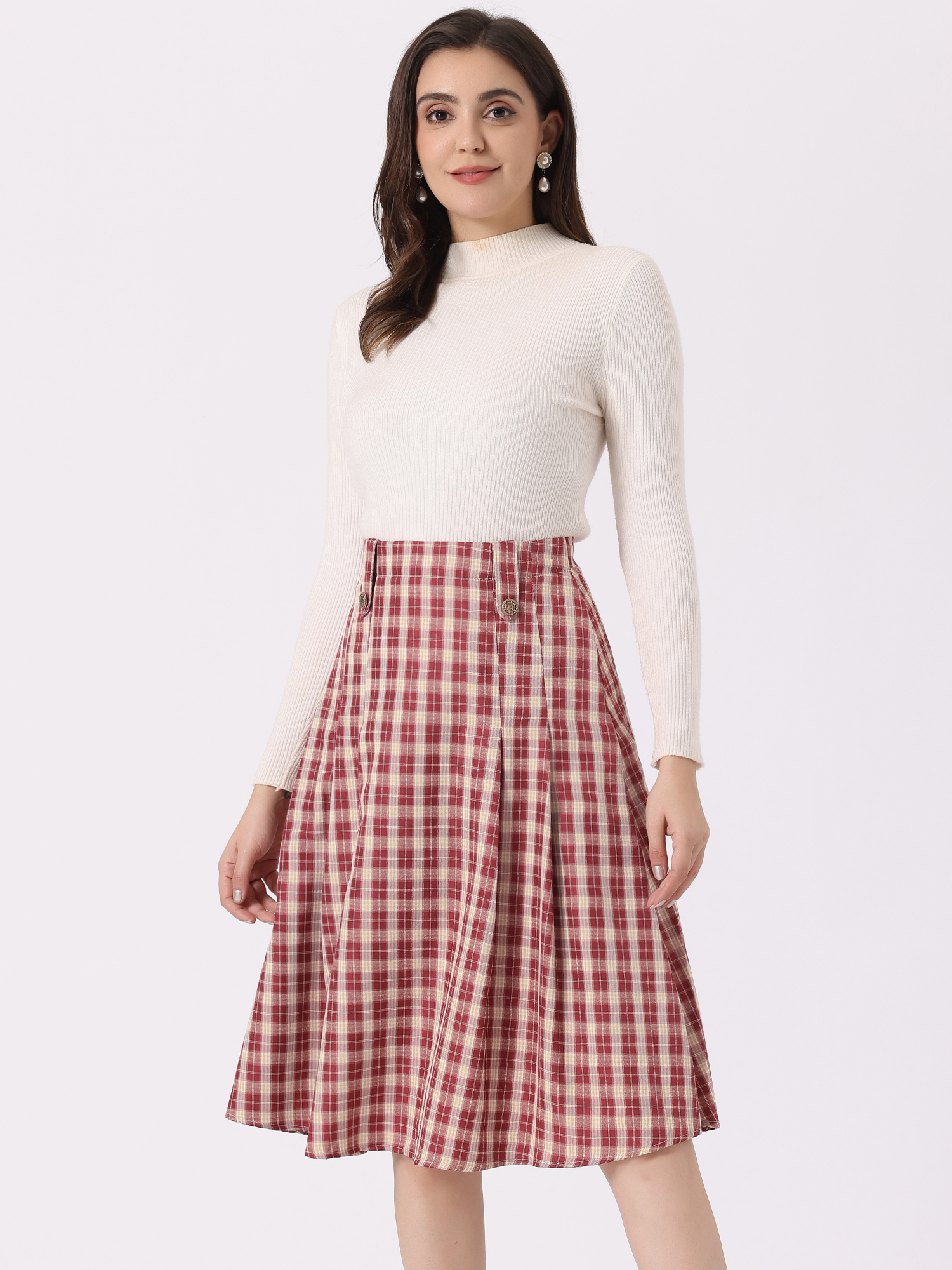 Vintage Plaid High Waist Pleated A-Line Midi Skirt Red/XS