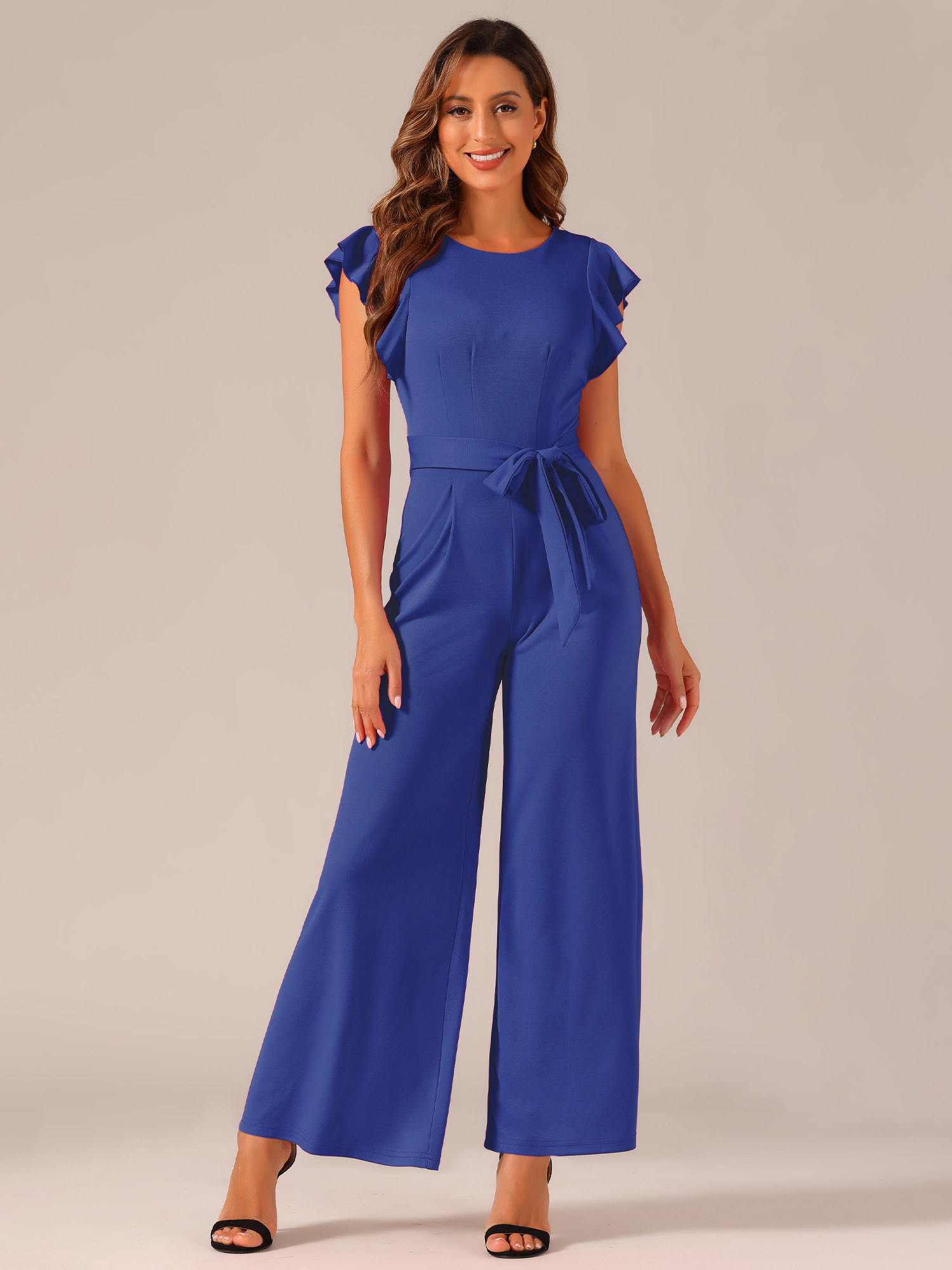 Ruffle Short Sleeves High Waist Wide Legs Belted Jumpsuits Blue/M
