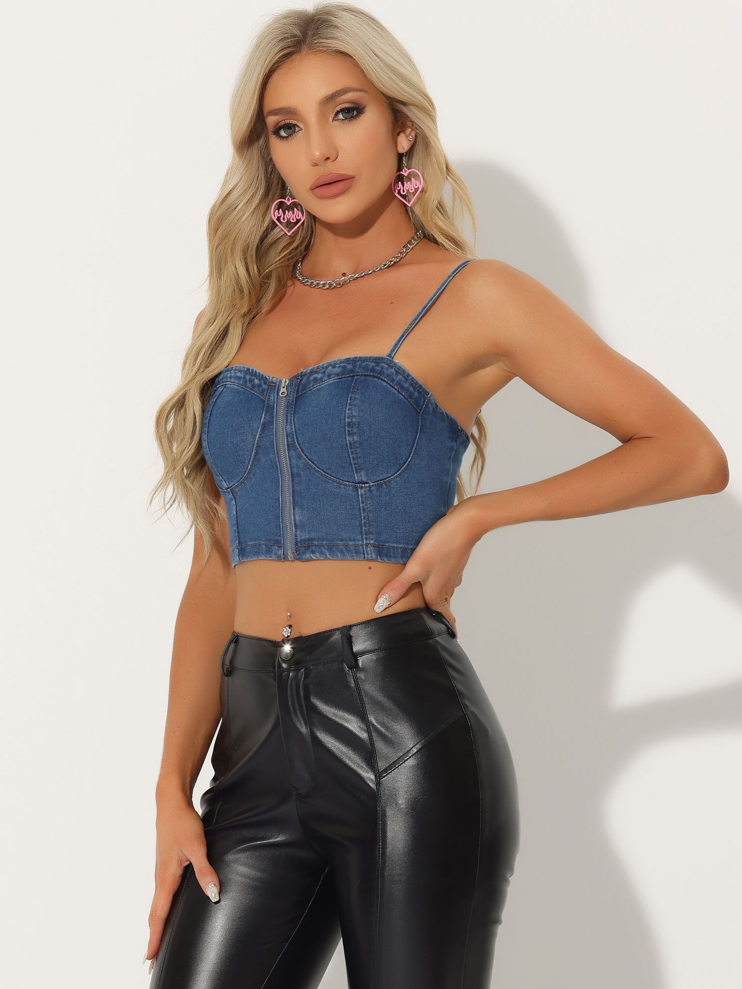 Spaghetti Strap Sleeveless Zip Up Bustier Denim Crop Top Blue/L