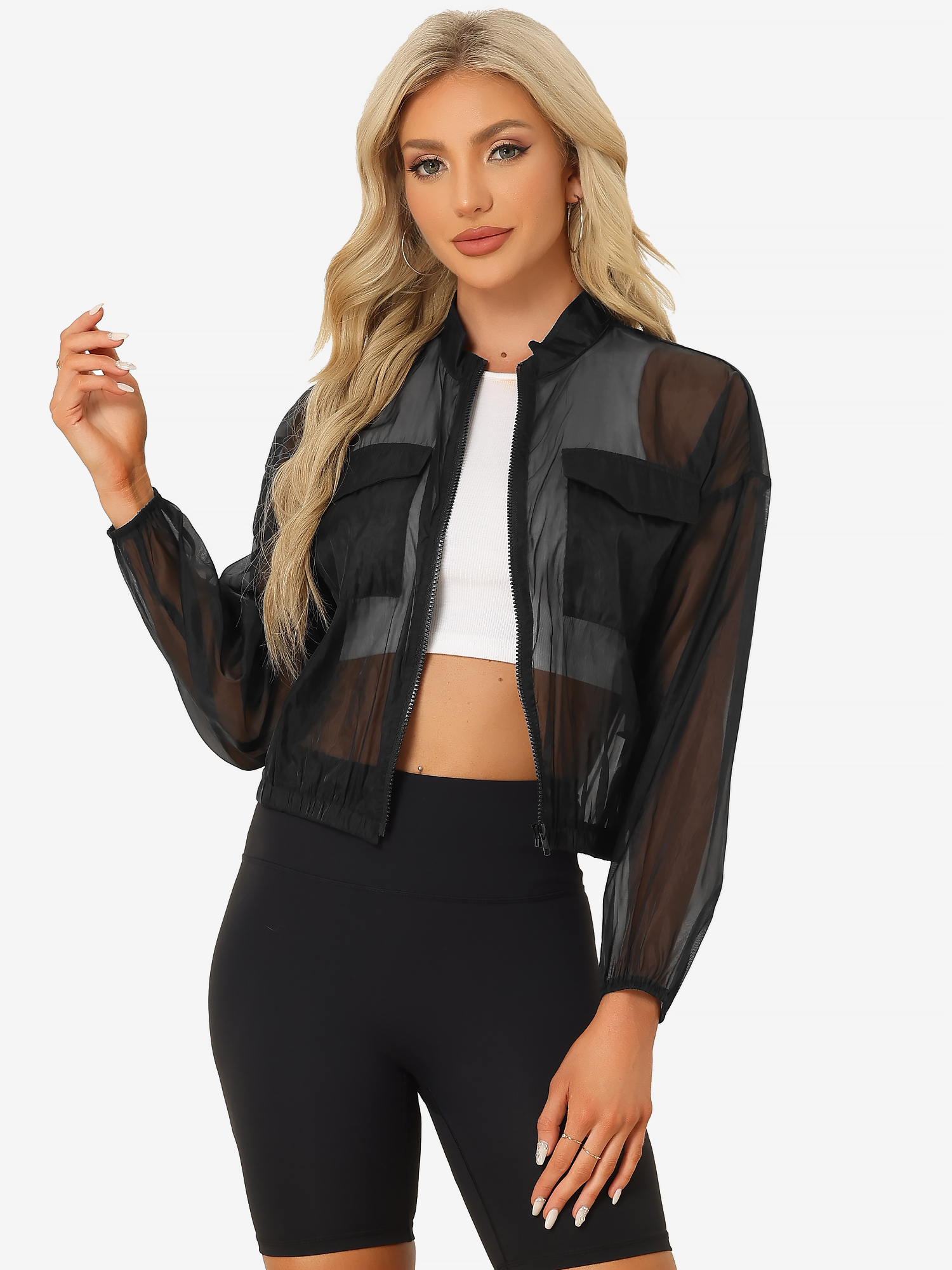 Sheer Zip Up Long Sleeve See Through Bomber Jacket Black/S