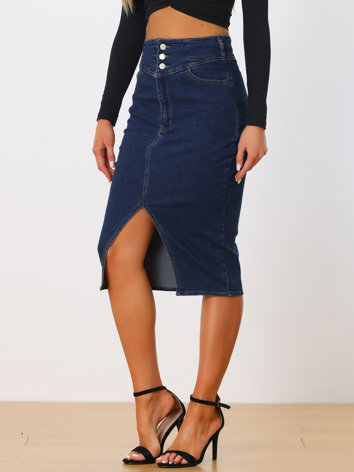 Casual Denim High Waist Split Hem Pencil Jean Midi Skirt Dark Blue/XS