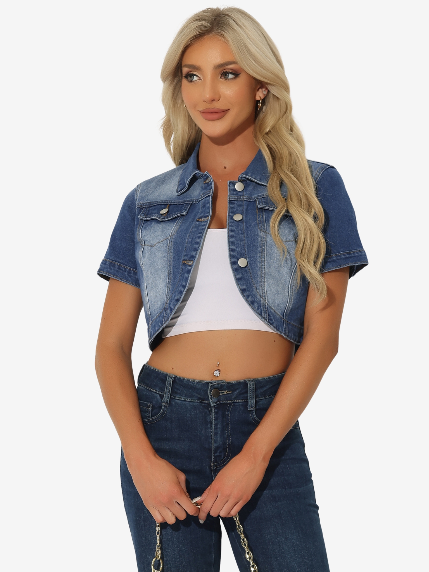 Casual Denim Turndown Collar Short Sleeves Crop Jean Jackets Mid-Blue/XS