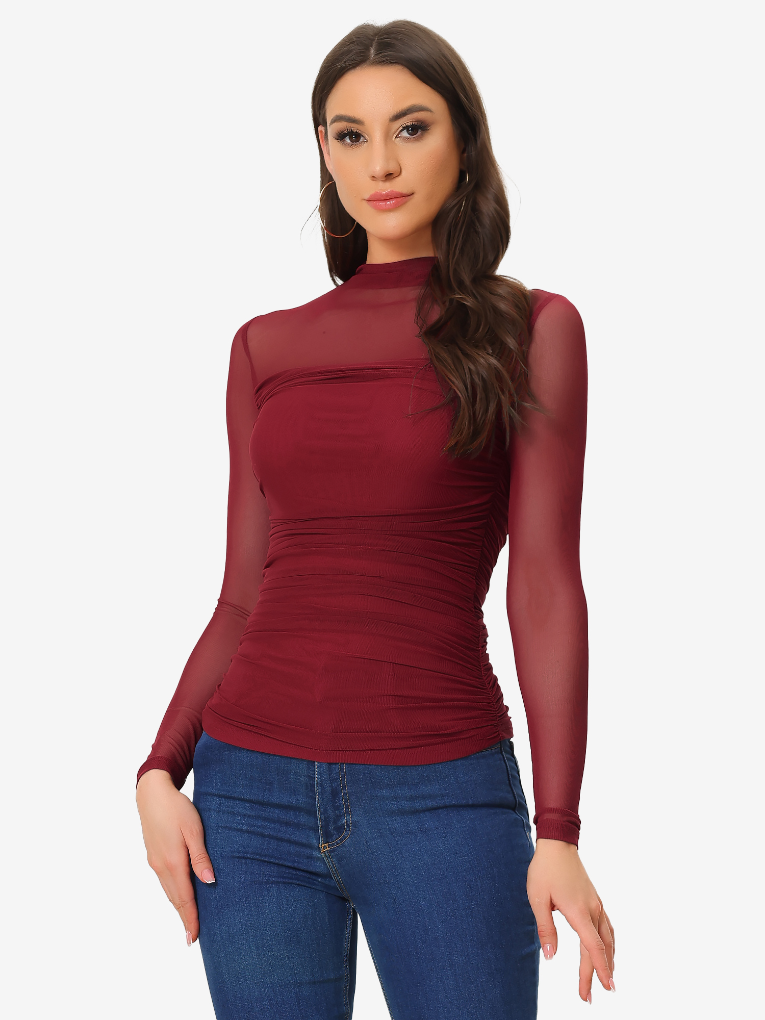 Mesh Solid Long Sleeve Mock Neck Sheer Panel Side Shirring Top Red/S