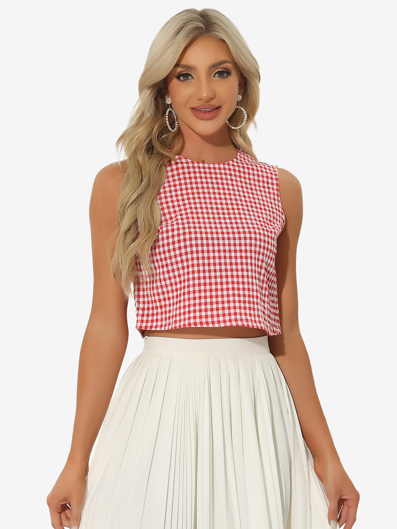 Vintage Sleeveless Summer Cropped Plaid Gingham Blouse Red/L