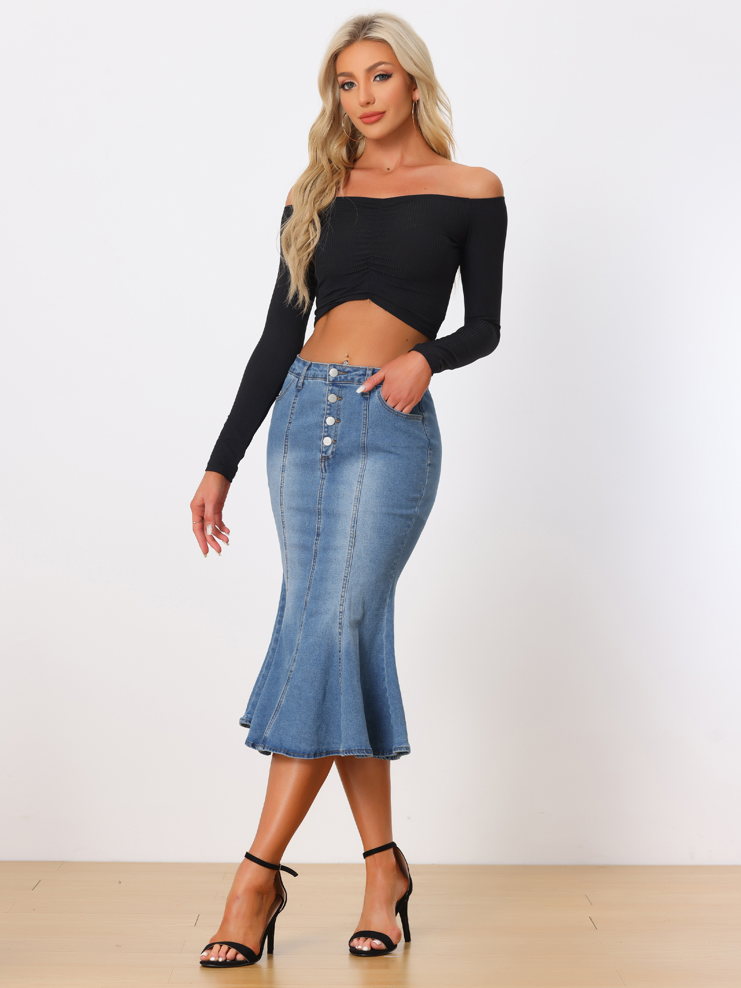 Fishtail Denim Button Pockets Distressed Midi Skirt Sky Blue/M