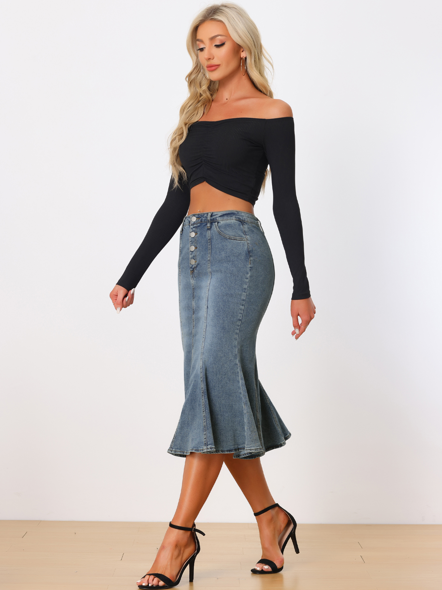 Fishtail Denim Button Pockets Distressed Midi Skirt Gray Blue/S