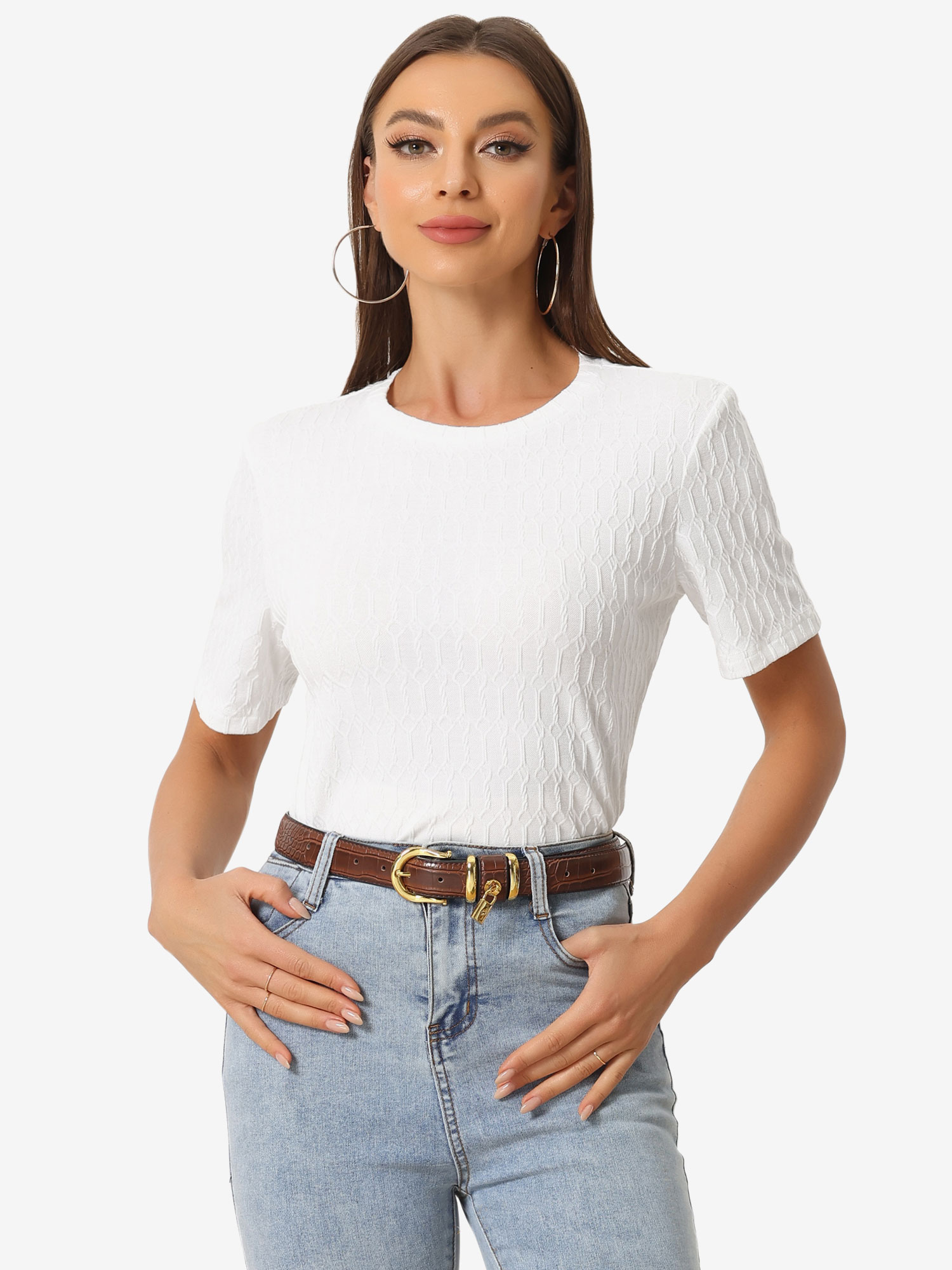 Casual Short Sleeves Round Neck Basic Textured Blouse White/L